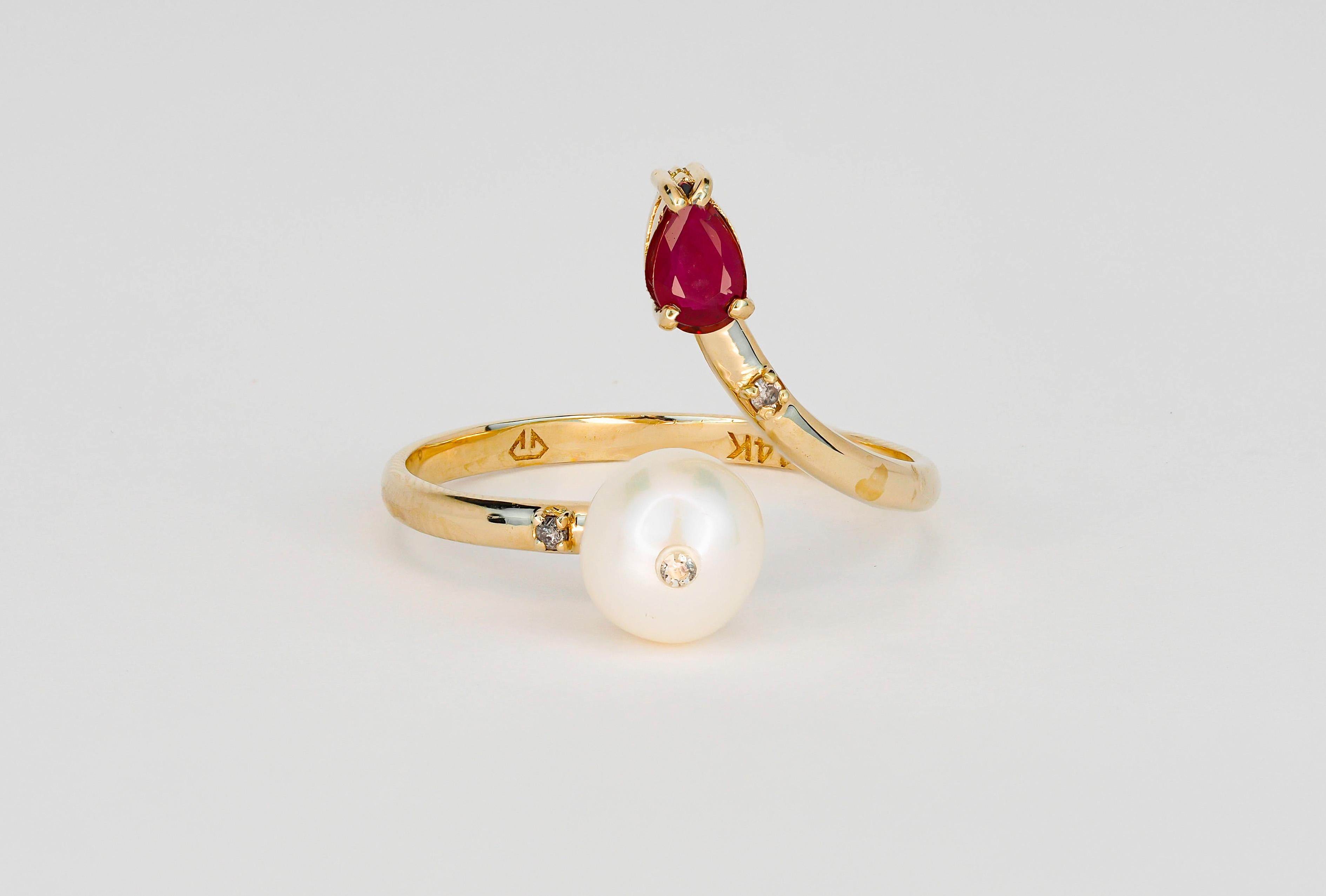 For Sale:  14k Gold Ring with Pearl, Ruby and Diamonds 10