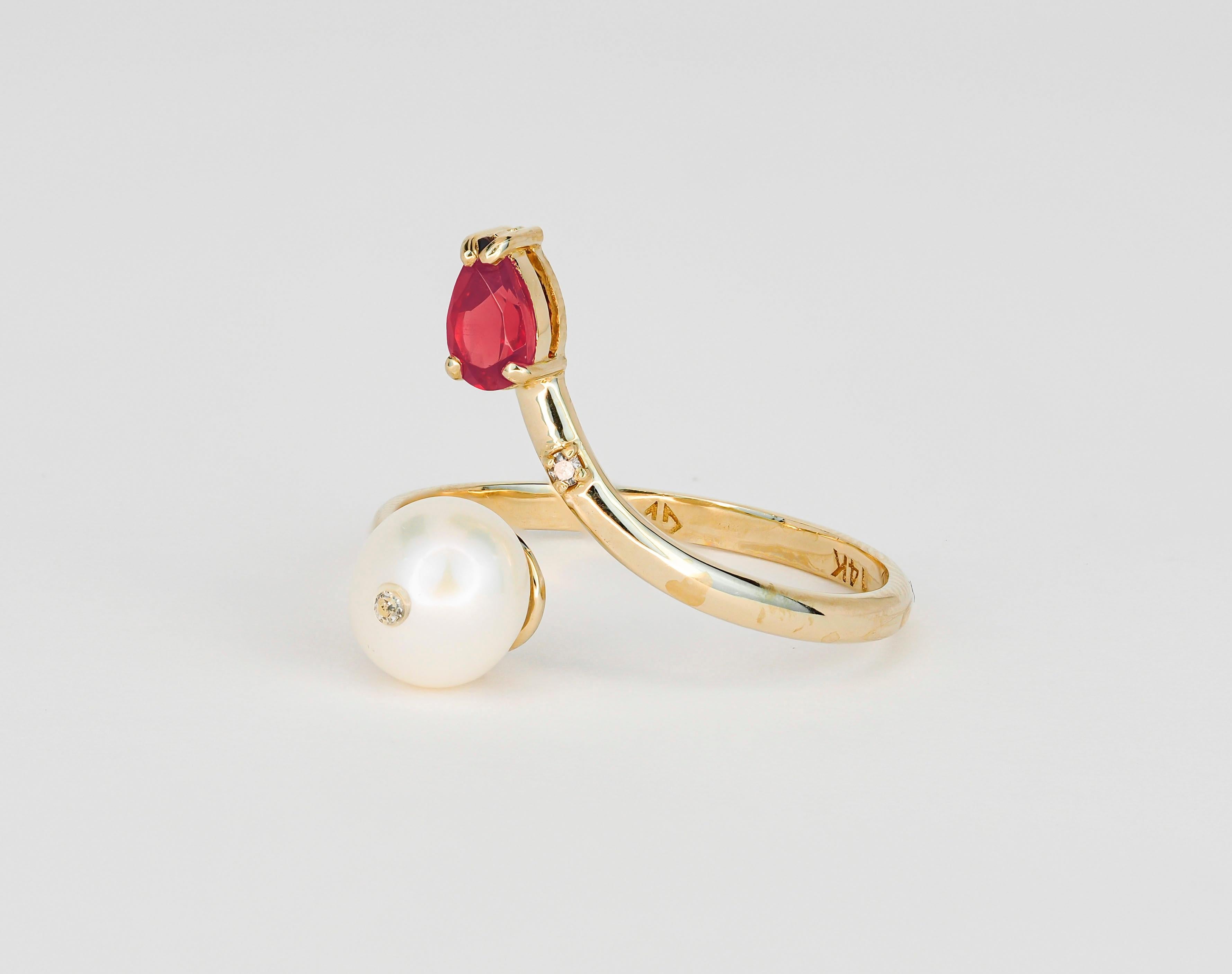 For Sale:  14k Gold Ring with Pearl, Ruby and Diamonds 11