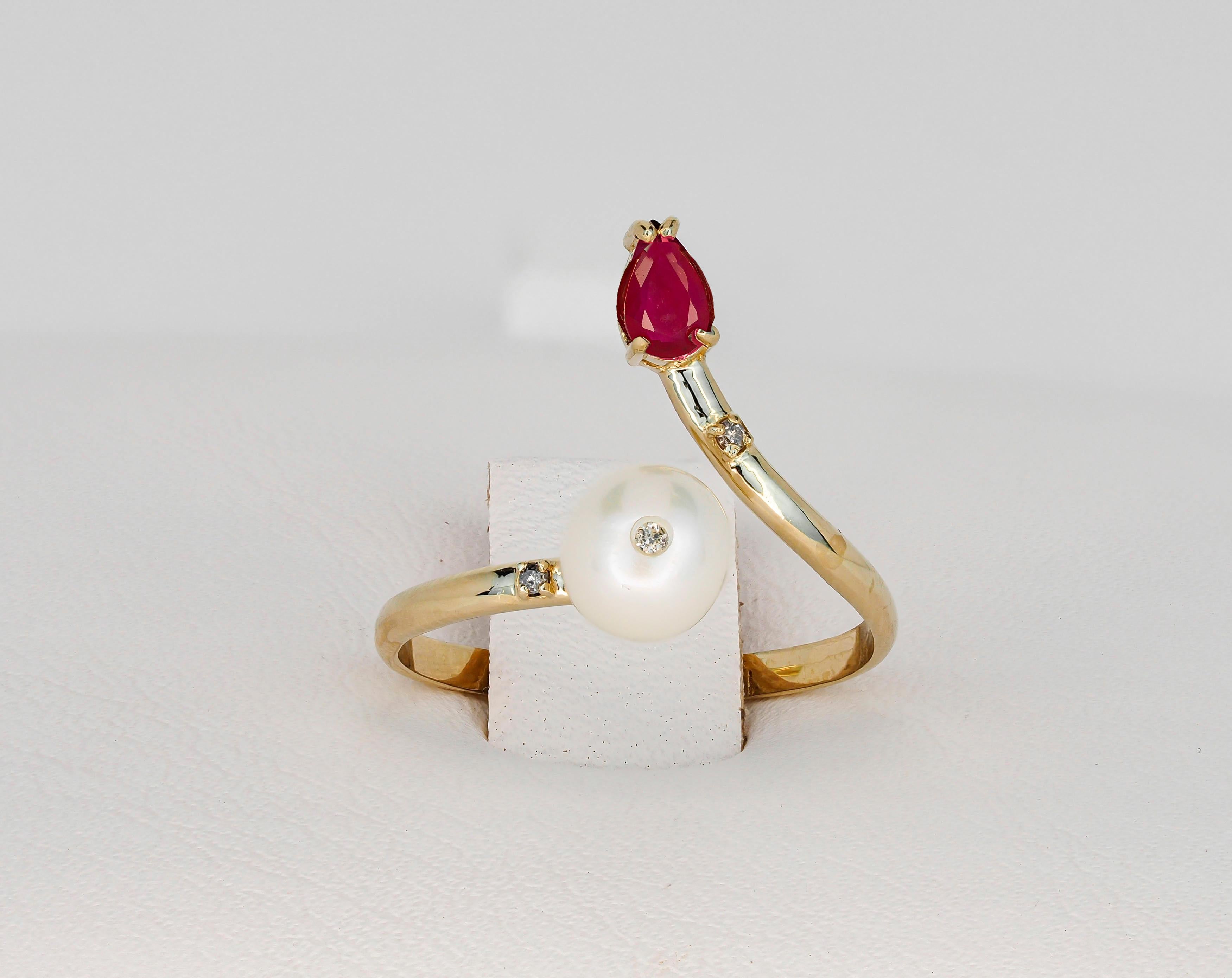 For Sale:  14k Gold Ring with Pearl, Ruby and Diamonds 12