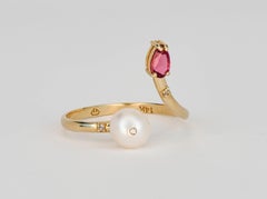 14k Gold Ring with Pearl, Garnet and Diamonds