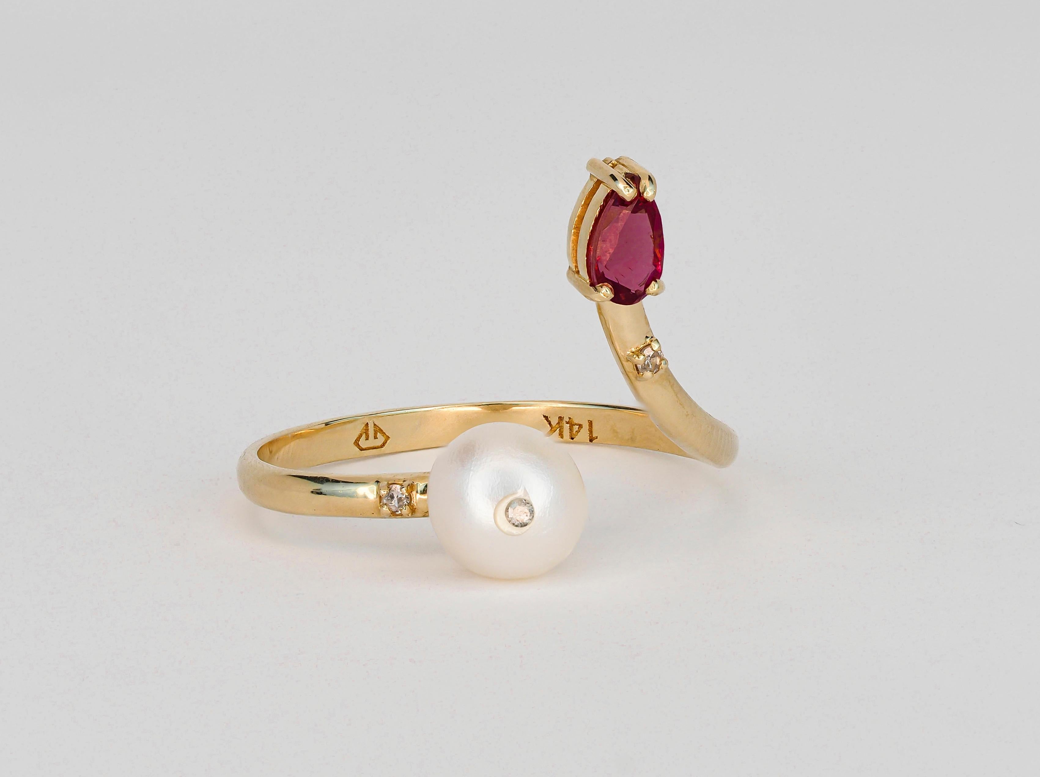 For Sale:  14k Gold Ring with Pearl, Ruby and Diamonds 7