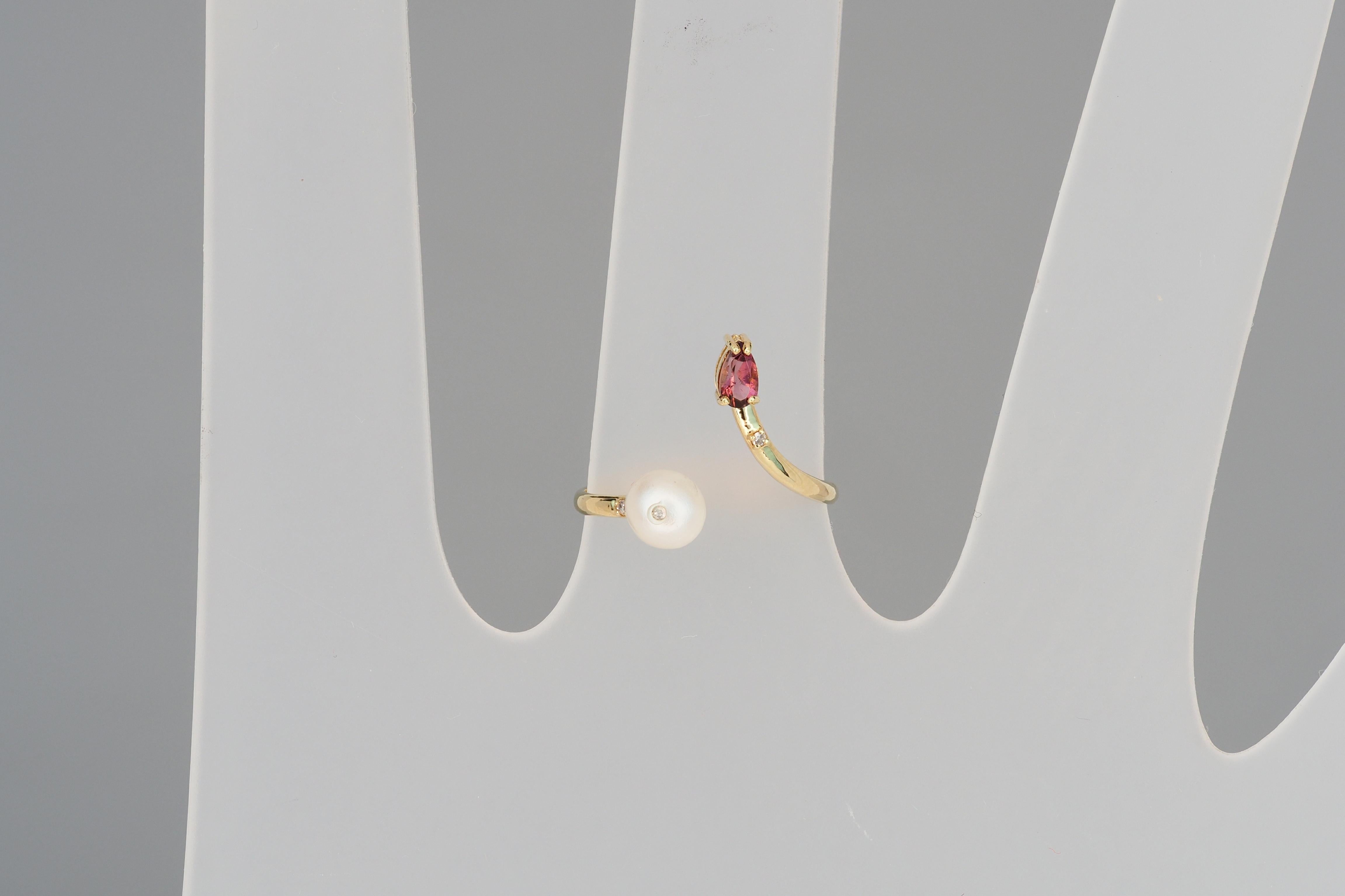 For Sale:  14k Gold Ring with Pearl, Garnet and Diamonds 9