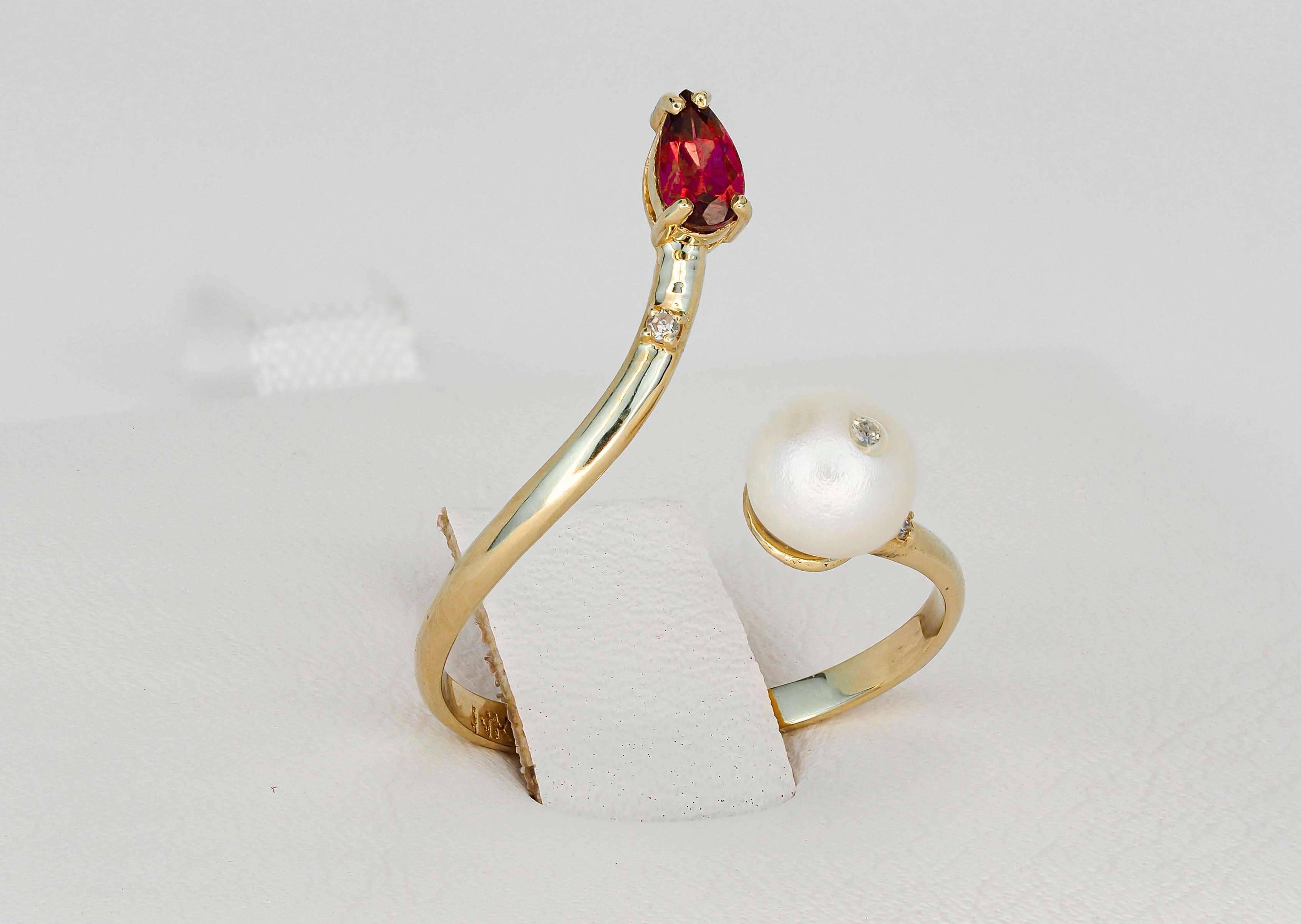 For Sale:  14k Gold Ring with Pearl, Ruby and Diamonds 8