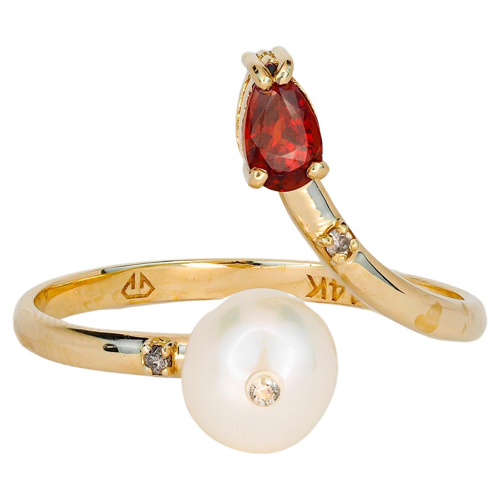 14k Gold Ring with Pearl, Garnet and Diamonds