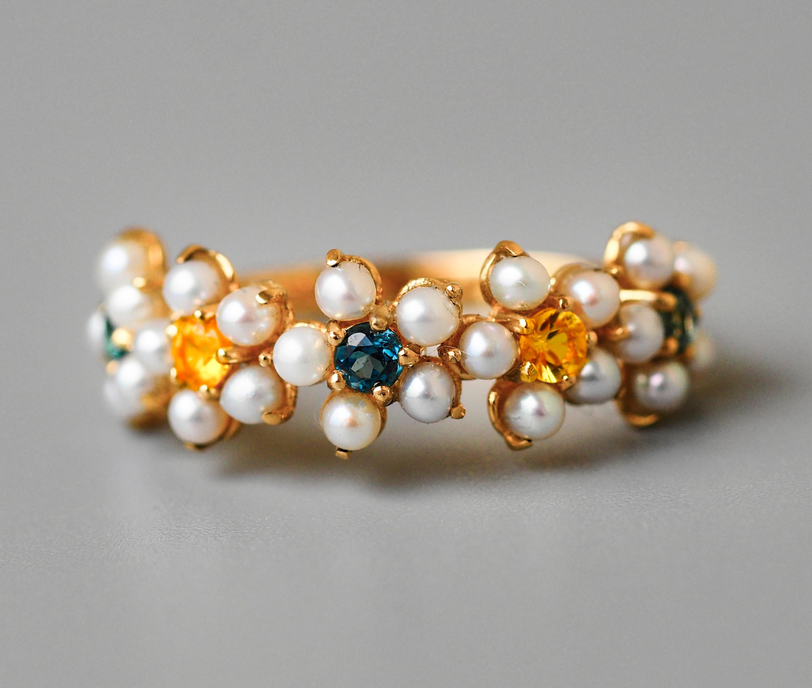 For Sale:  14k Gold Ring with Pearls and Sapphires 10