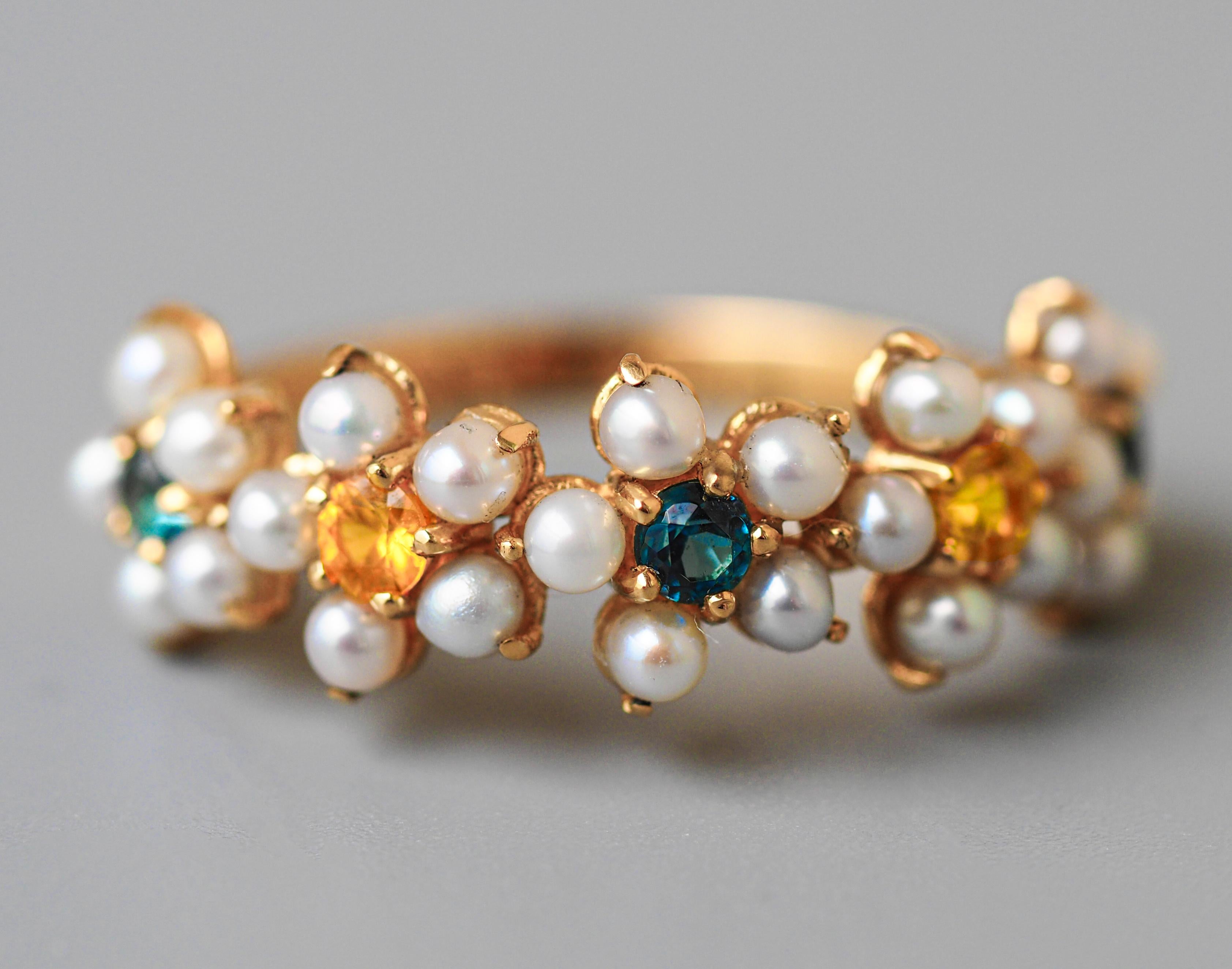 For Sale:  14k Gold Ring with Pearls and Sapphires 11