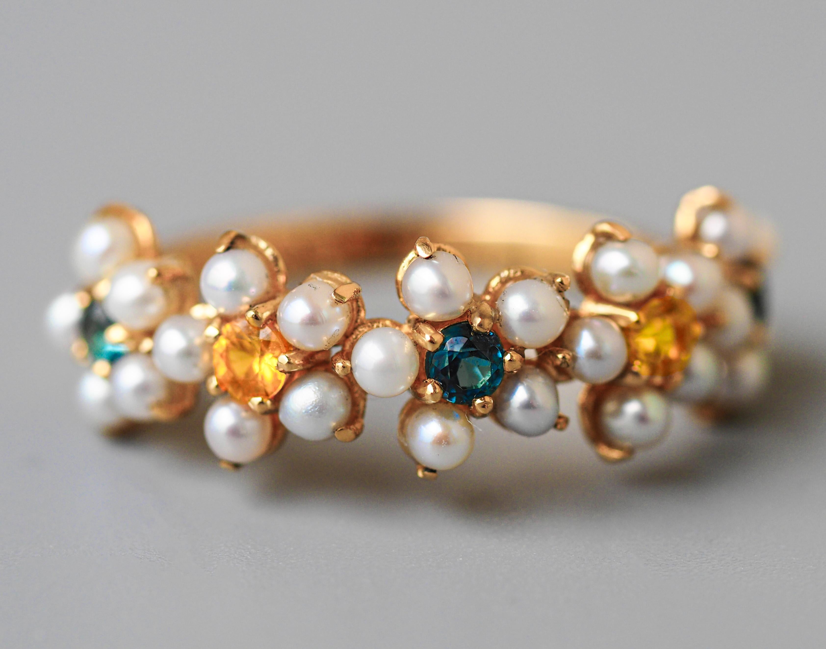 For Sale:  Flower ring with multicolor gemstones in 14k solid gold 11