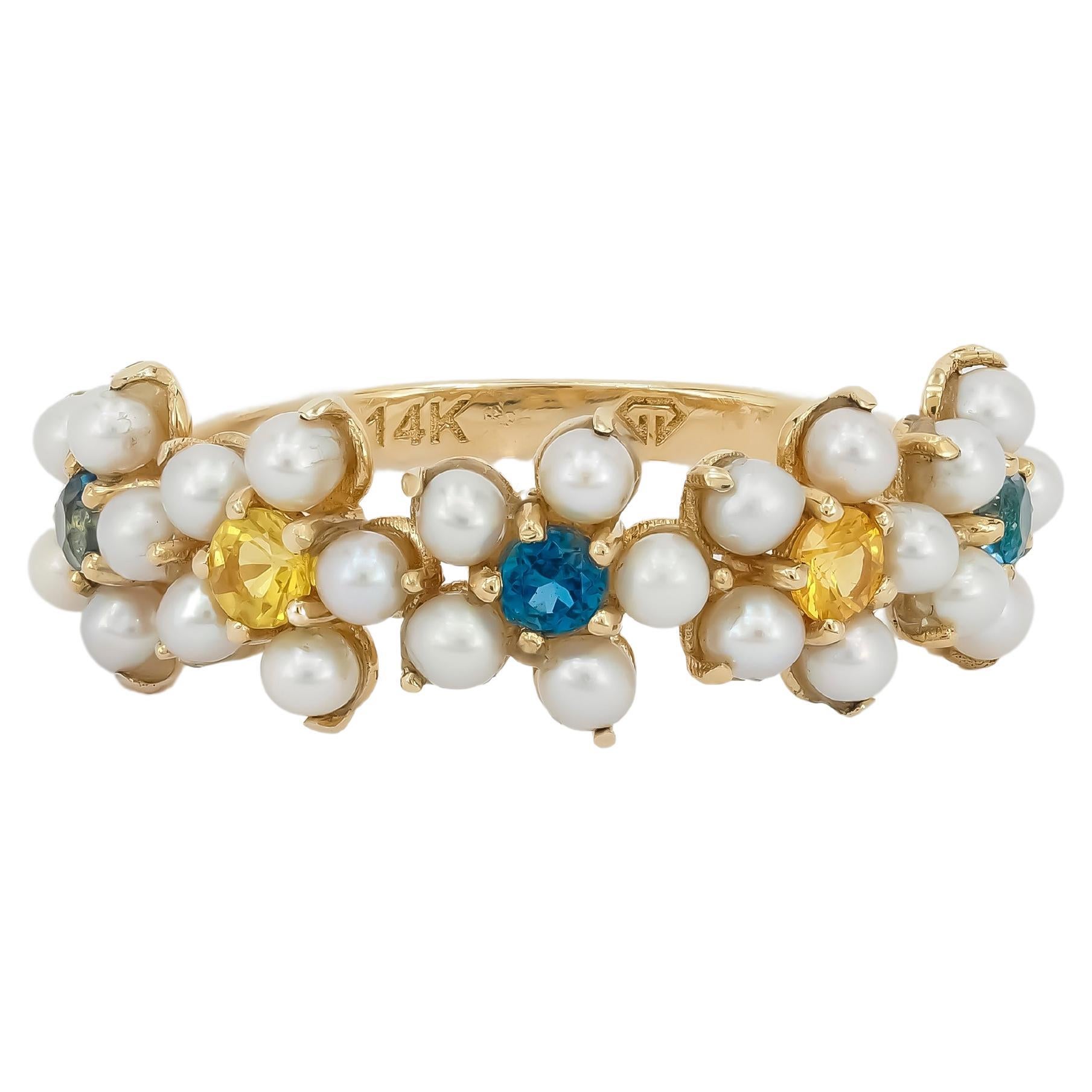 14k Gold Ring with Pearls and Sapphires