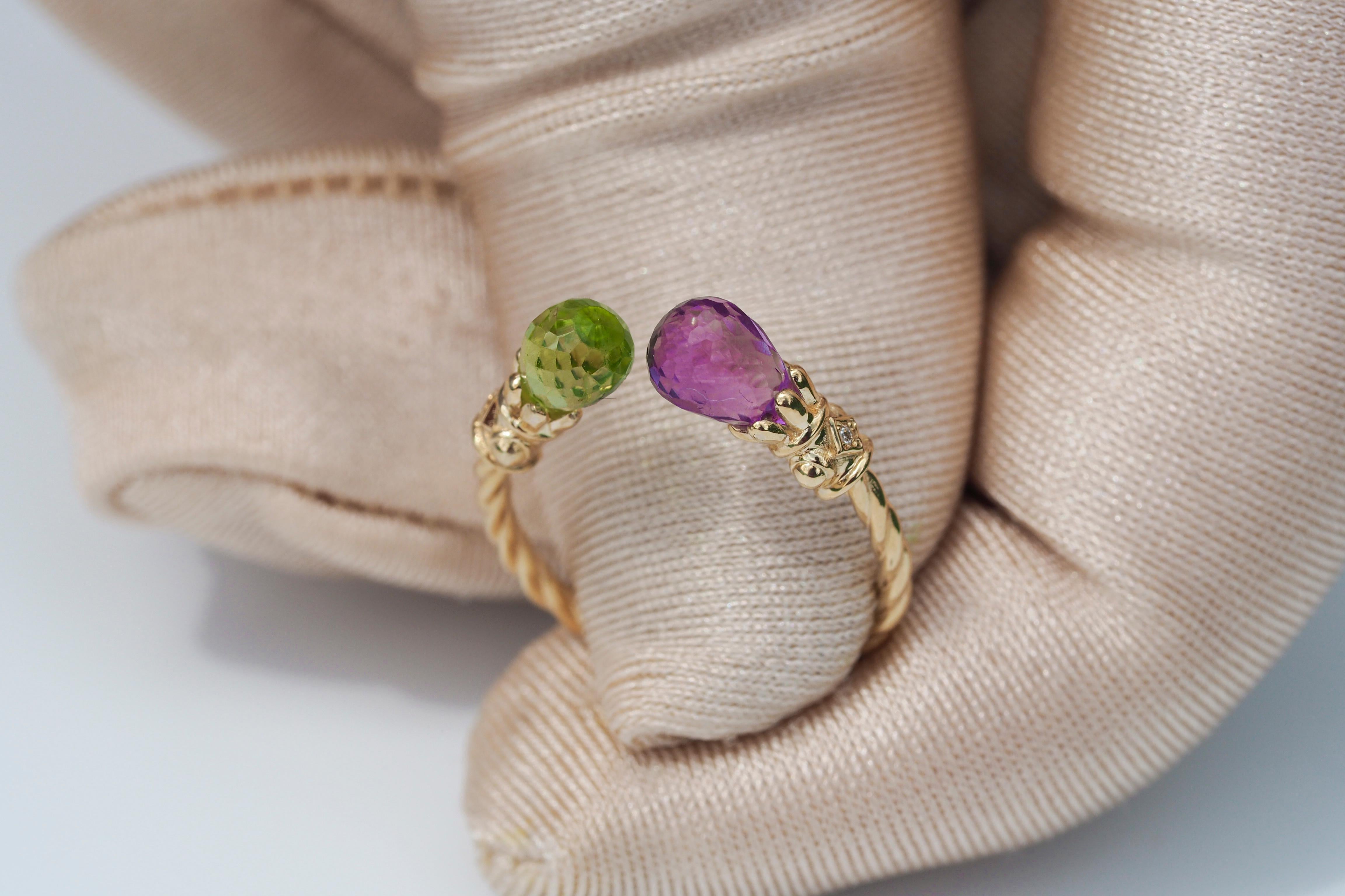 For Sale:  14k Gold Ring with Peridot, Amethyst and Diamonds 11