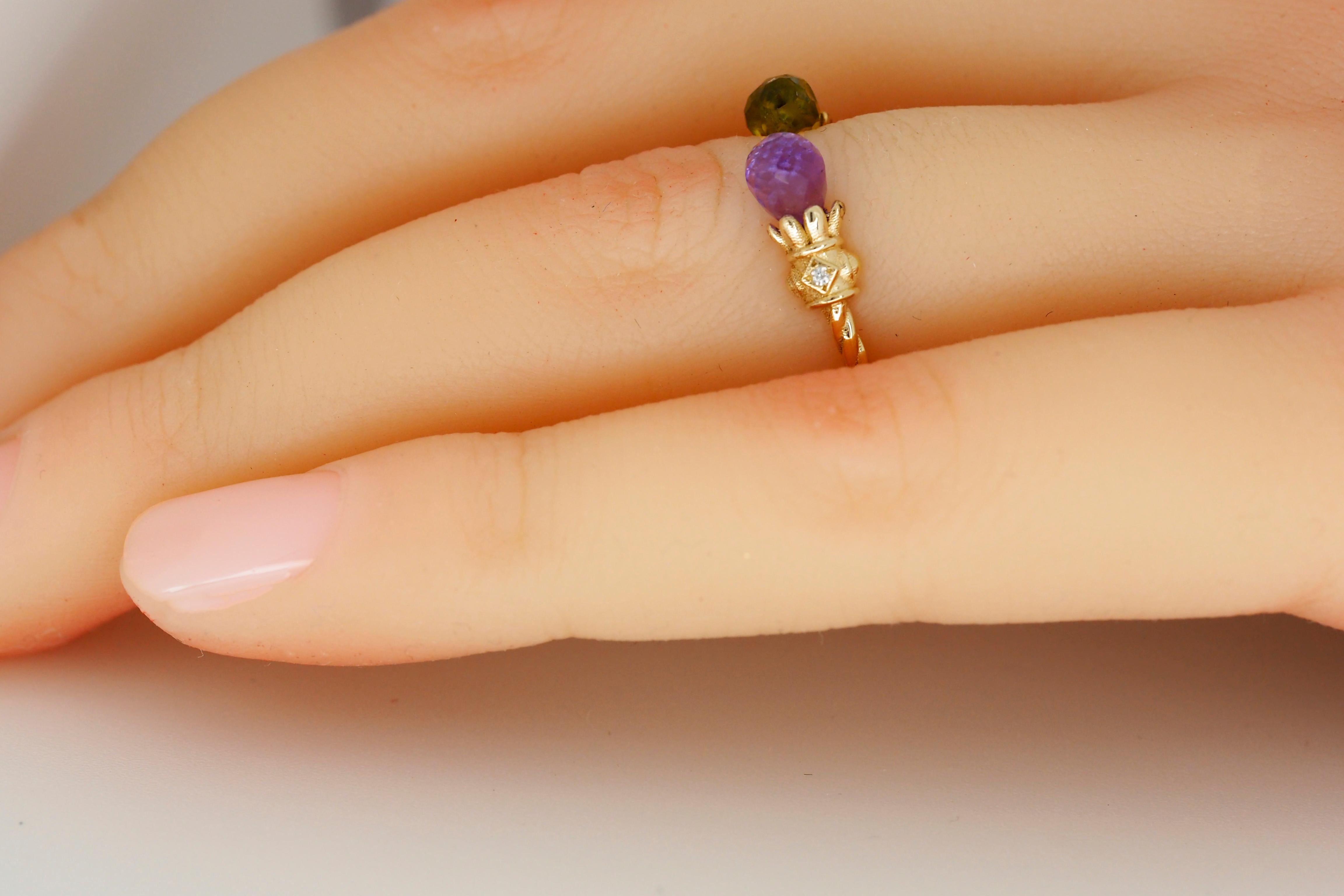 For Sale:  14k Gold Ring with Peridot, Amethyst and Diamonds 14