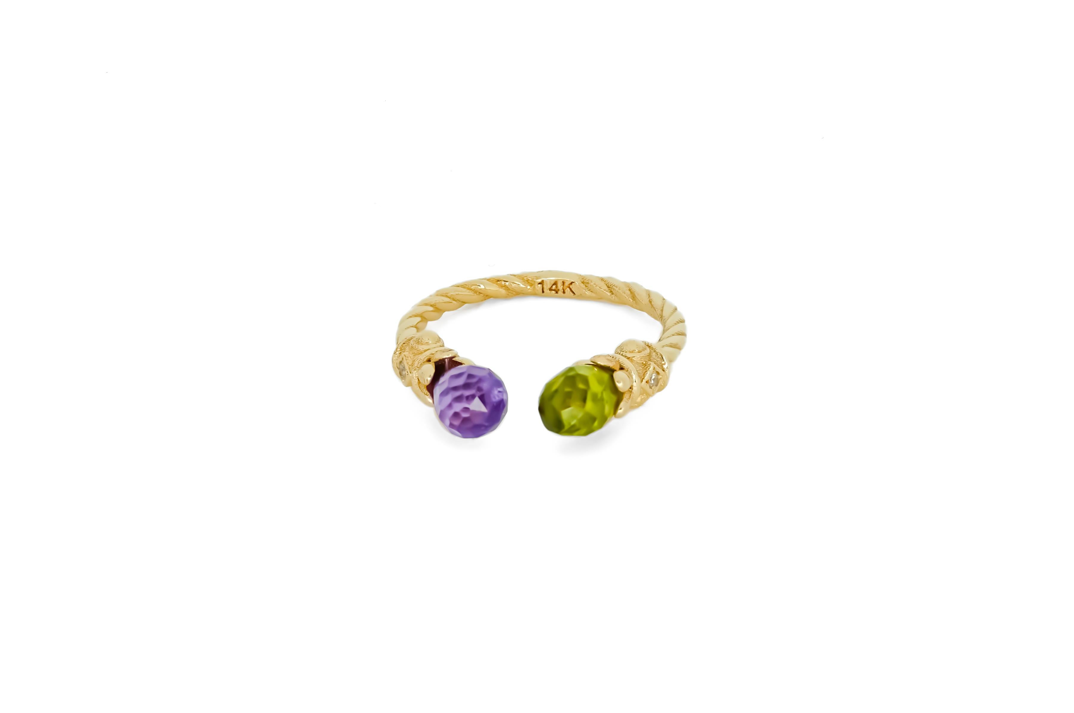 For Sale:  14k Gold Ring with Peridot, Amethyst and Diamonds 2