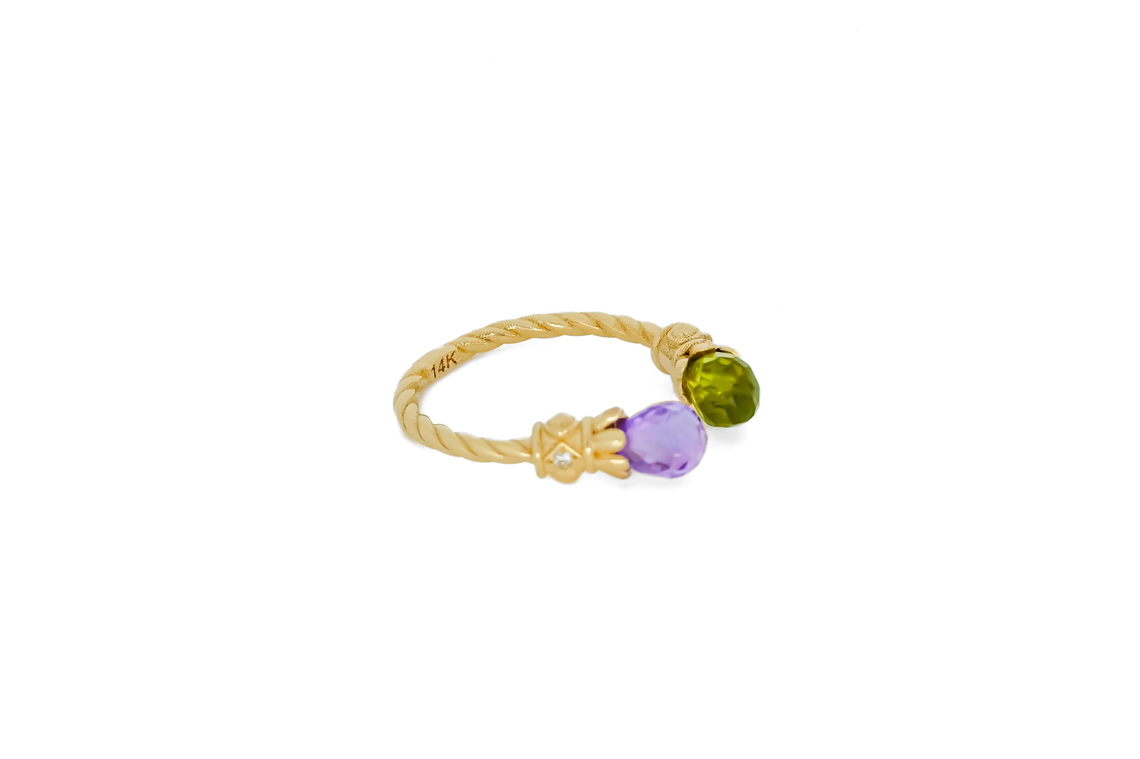 For Sale:  14k Gold Ring with Peridot, Amethyst and Diamonds 4