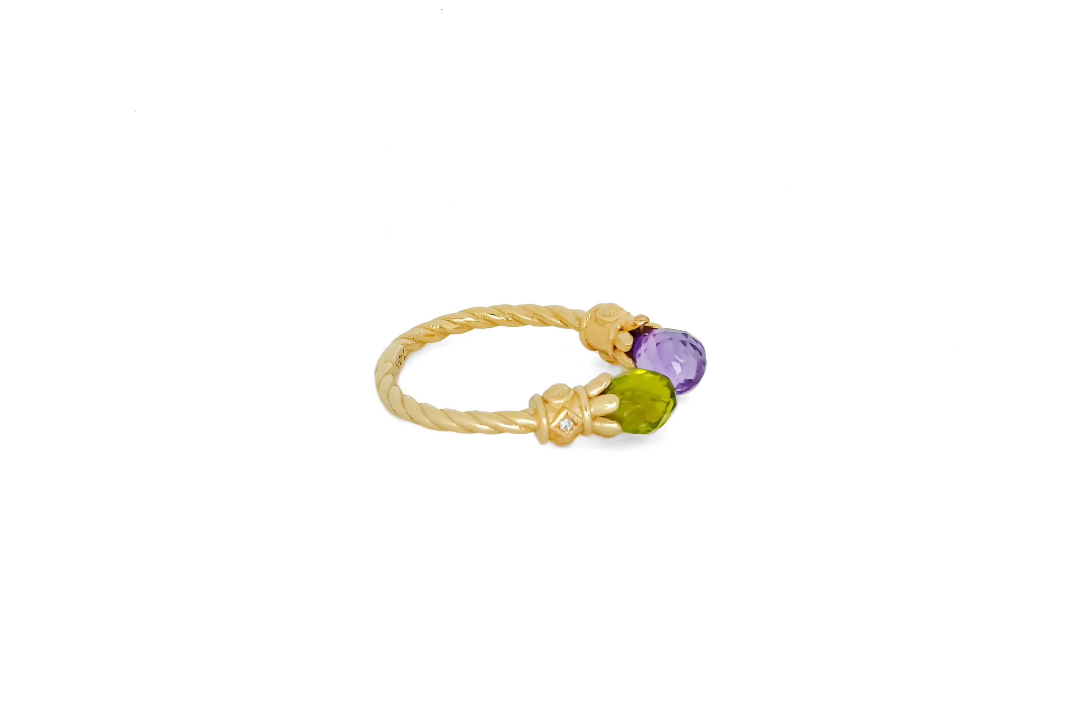 For Sale:  14k Gold Ring with Peridot, Amethyst and Diamonds 5