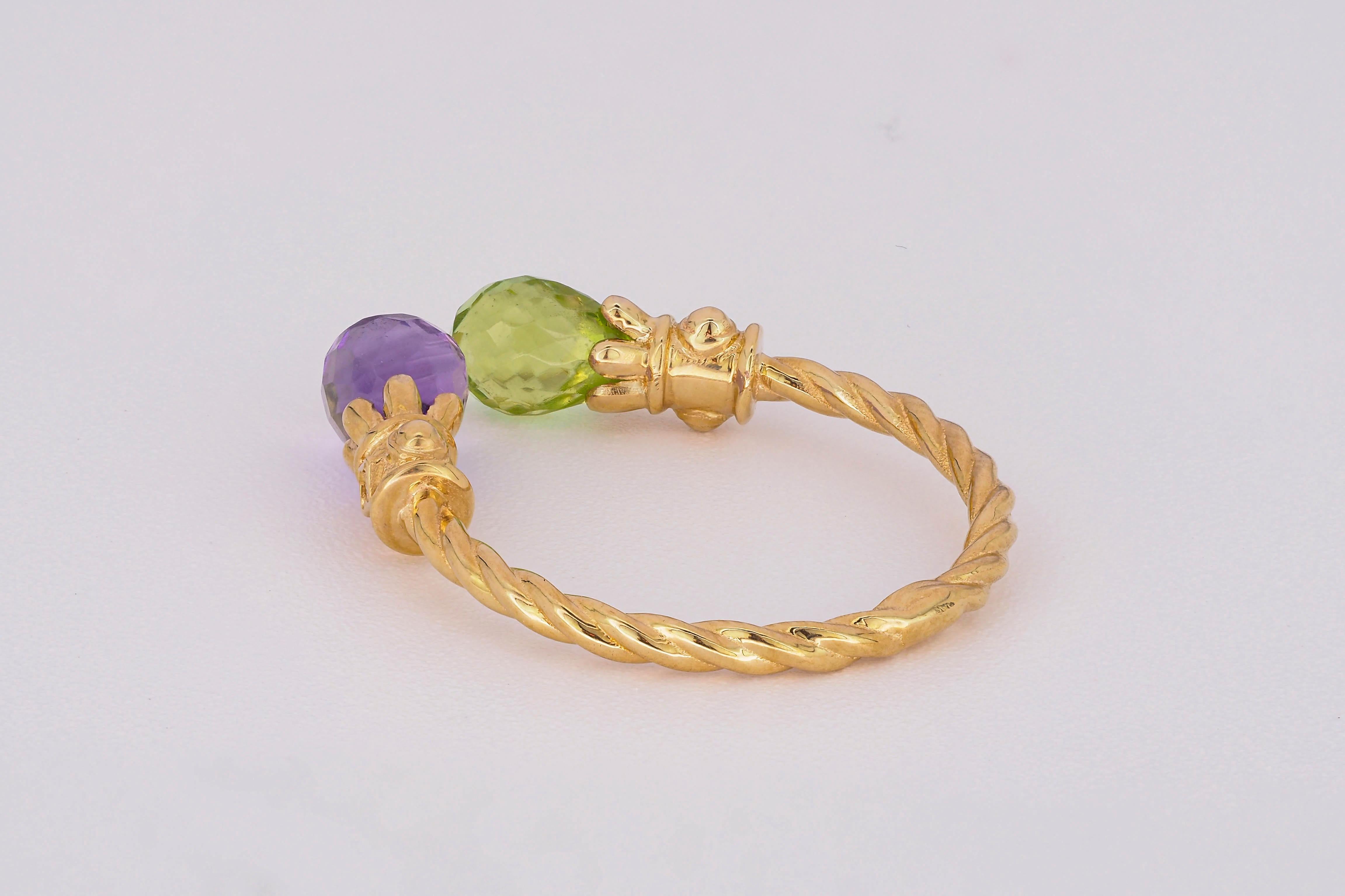 For Sale:  14k Gold Ring with Peridot, Amethyst and Diamonds 7