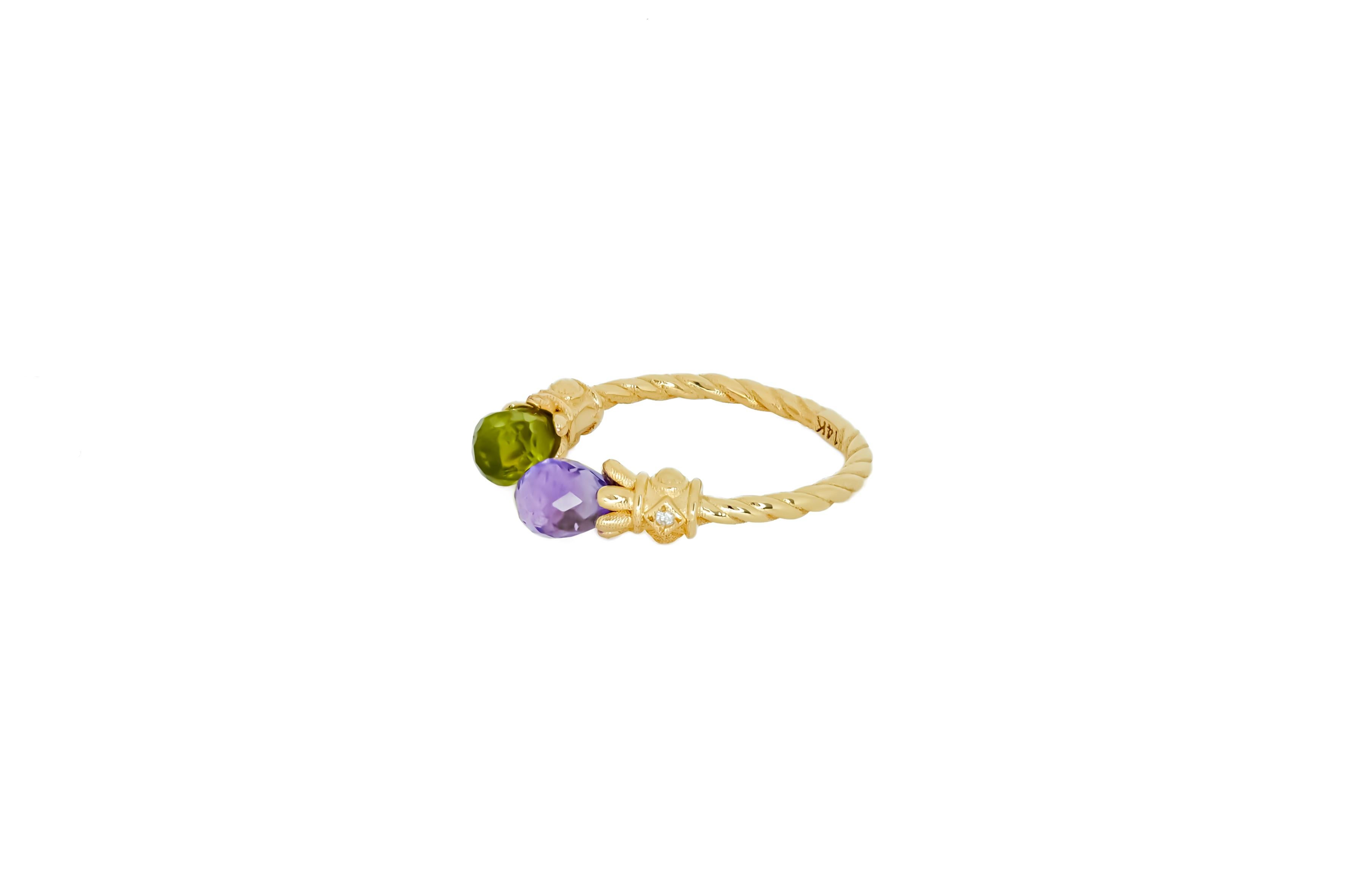 For Sale:  14k Gold Ring with Peridot, Amethyst and Diamonds 6