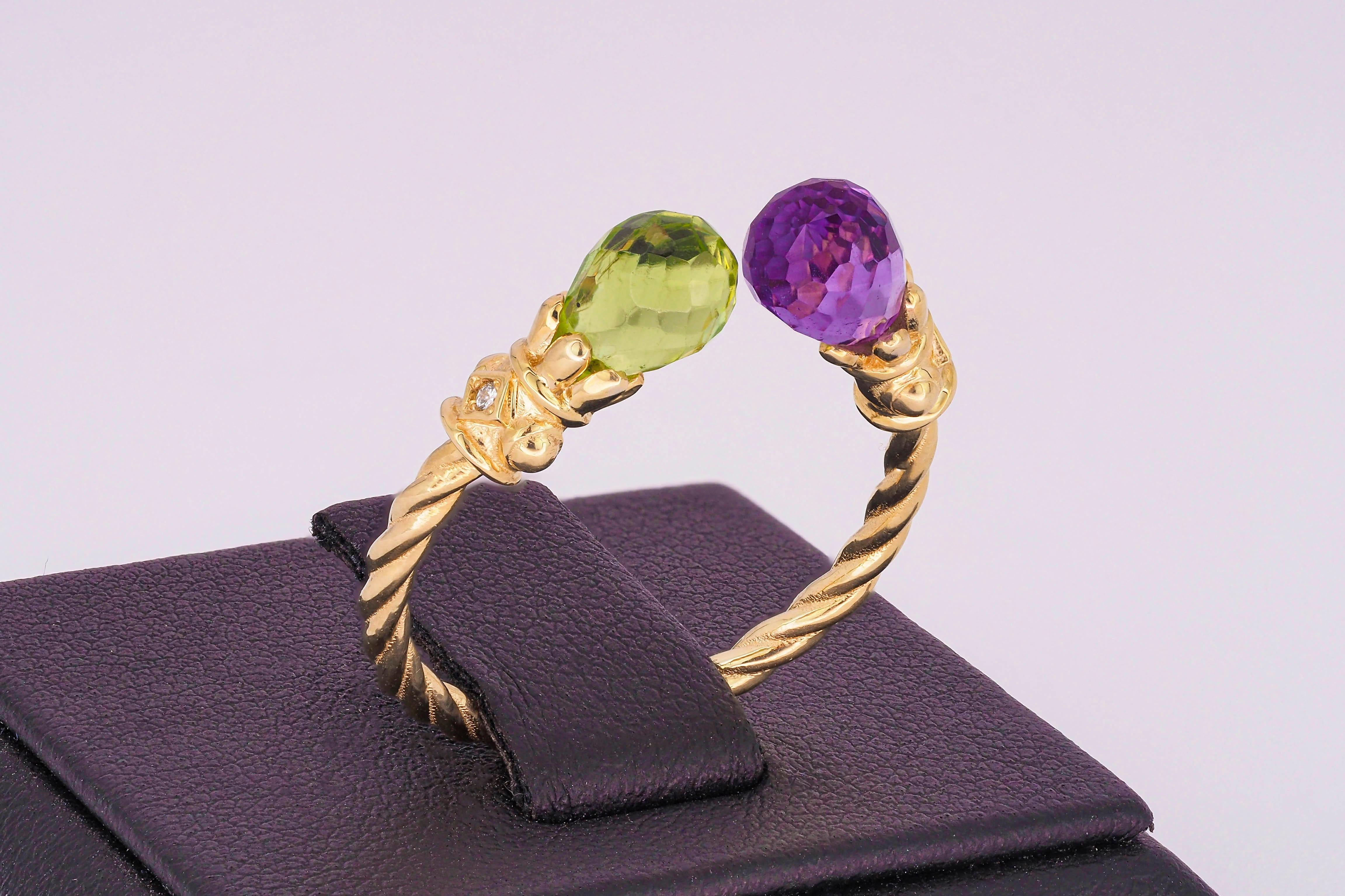 For Sale:  14k Gold Ring with Peridot, Amethyst and Diamonds 8