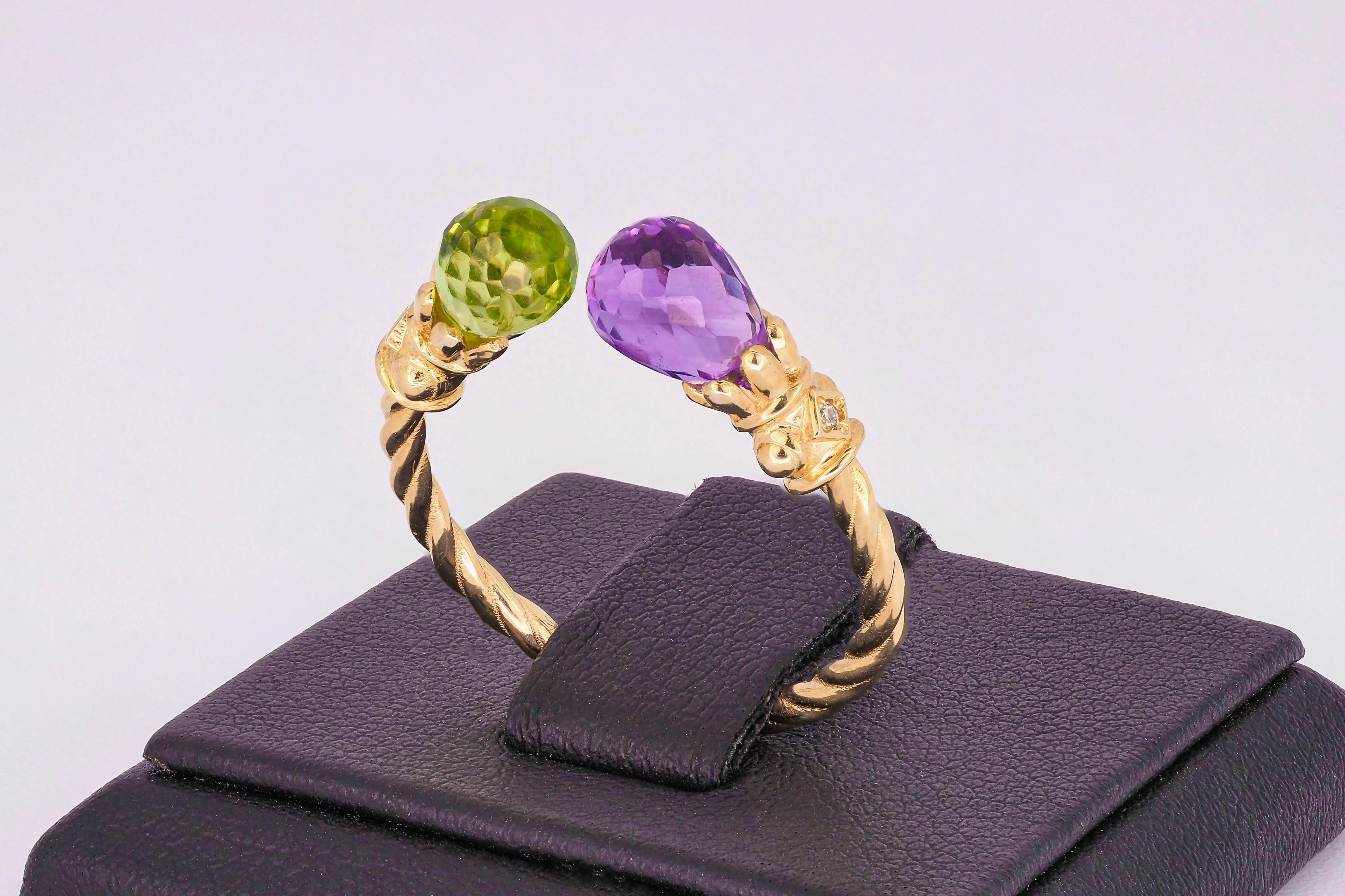 For Sale:  14k Gold Ring with Peridot, Amethyst and Diamonds 9