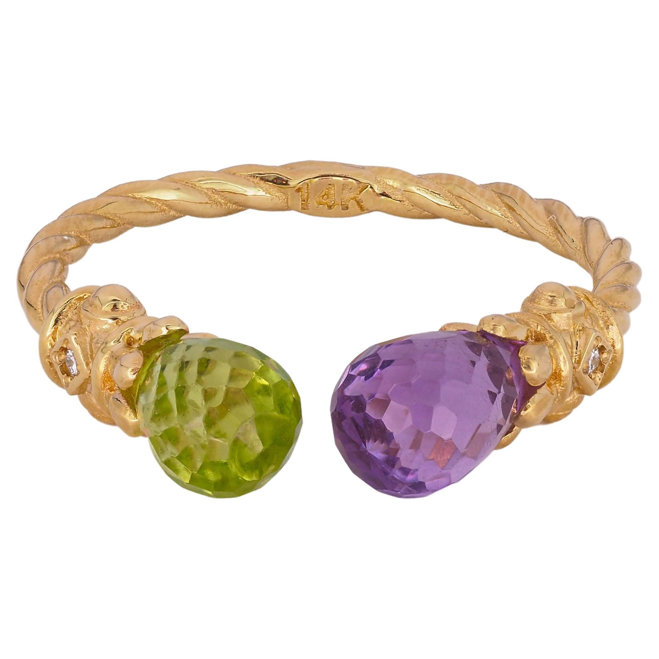 For Sale:  14k Gold Ring with Peridot, Amethyst and Diamonds