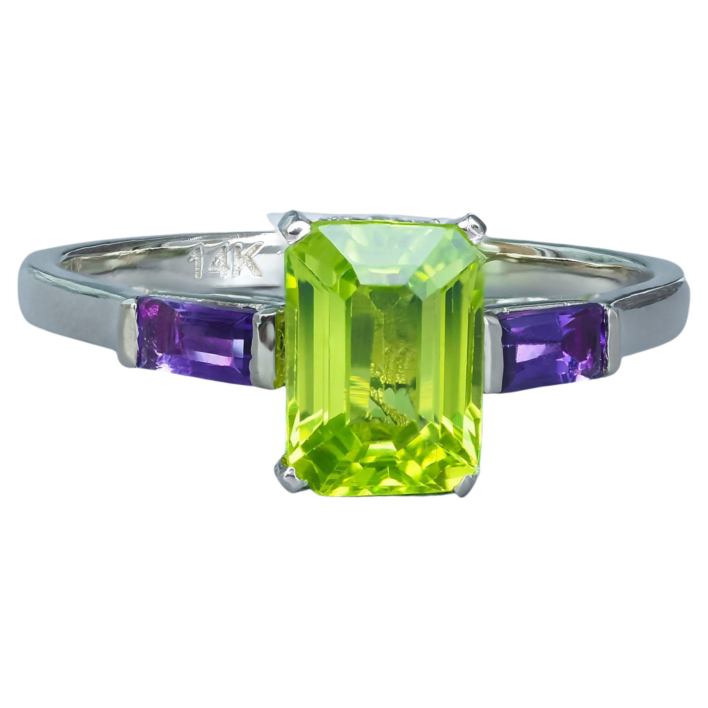 For Sale:  14k Gold Ring with Peridot and Amethyst