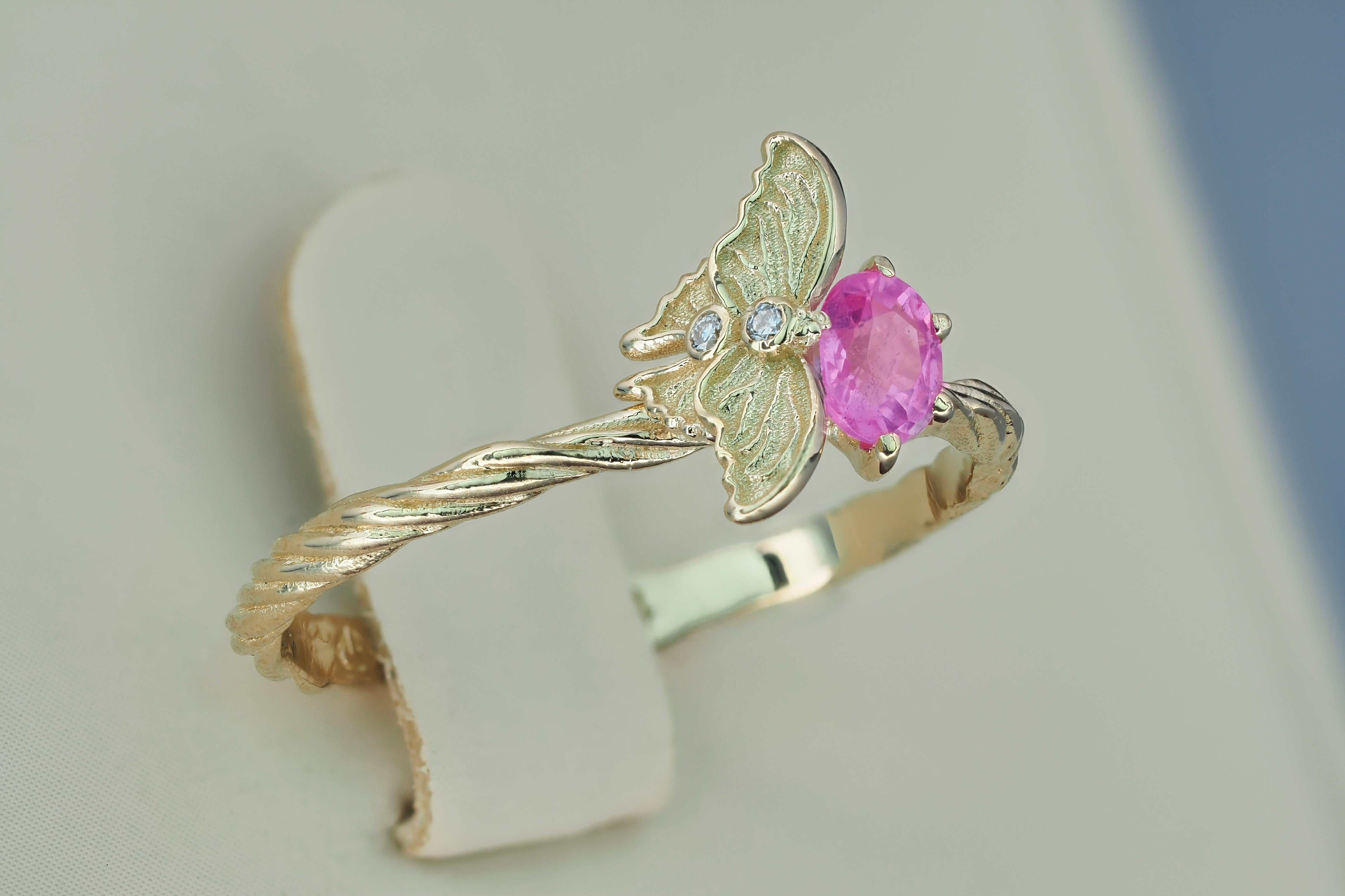 For Sale:  14k Gold Ring with Pink Sapphire and Diamonds 7