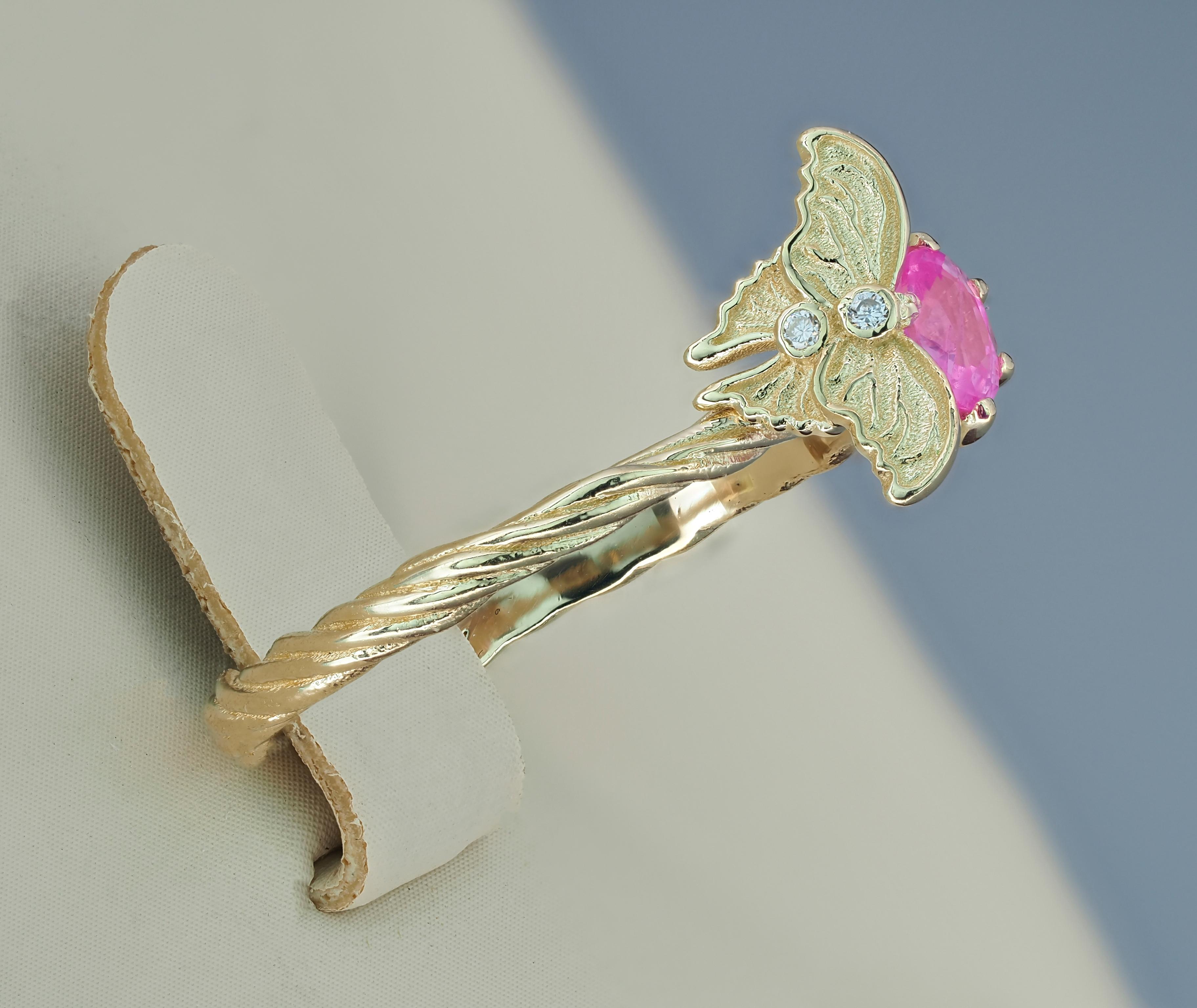 For Sale:  14k Gold Ring with Pink Sapphire and Diamonds 8