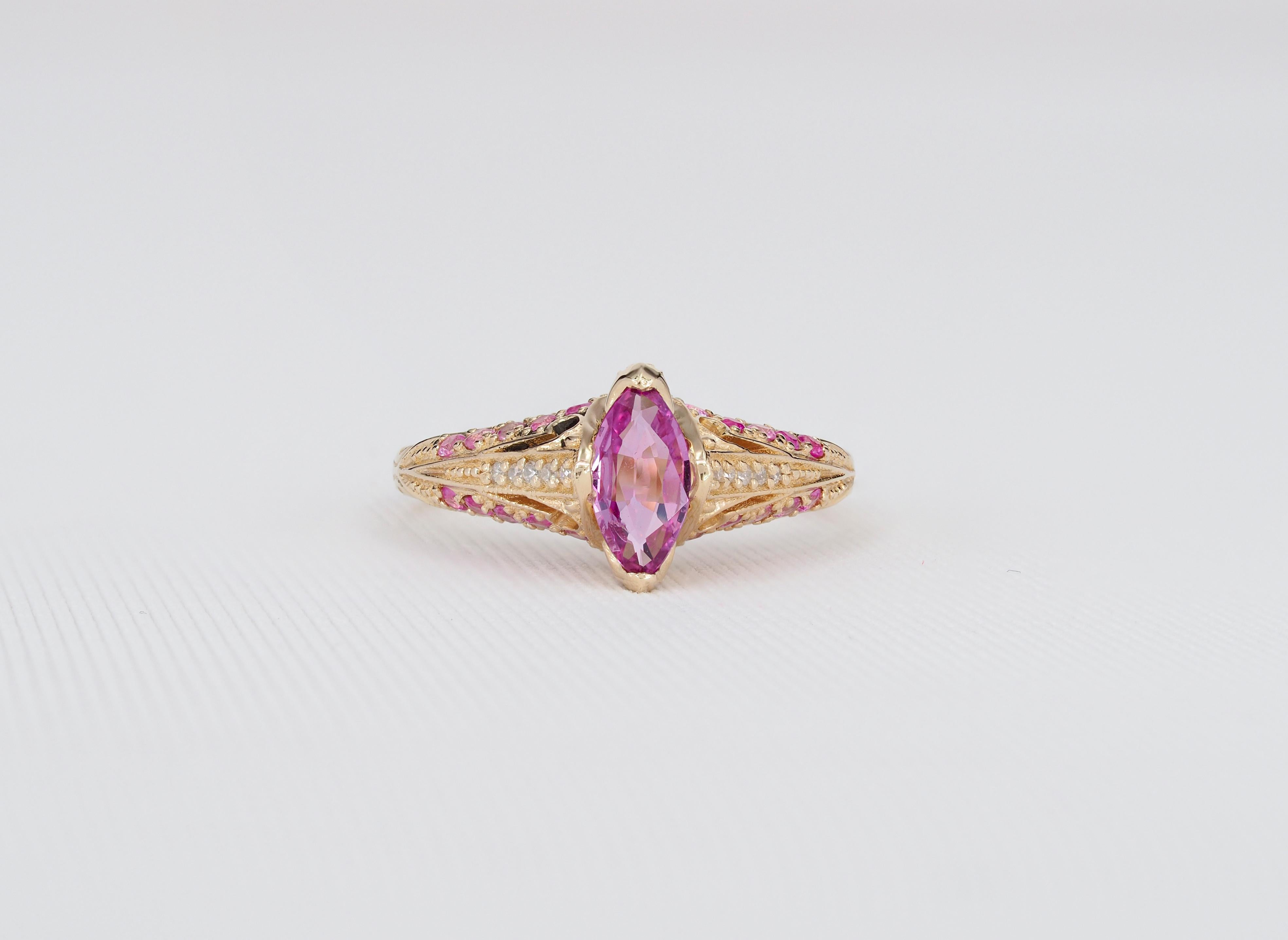 For Sale:  14k gold ring with pink sapphire. Marquise sapphire ring 2