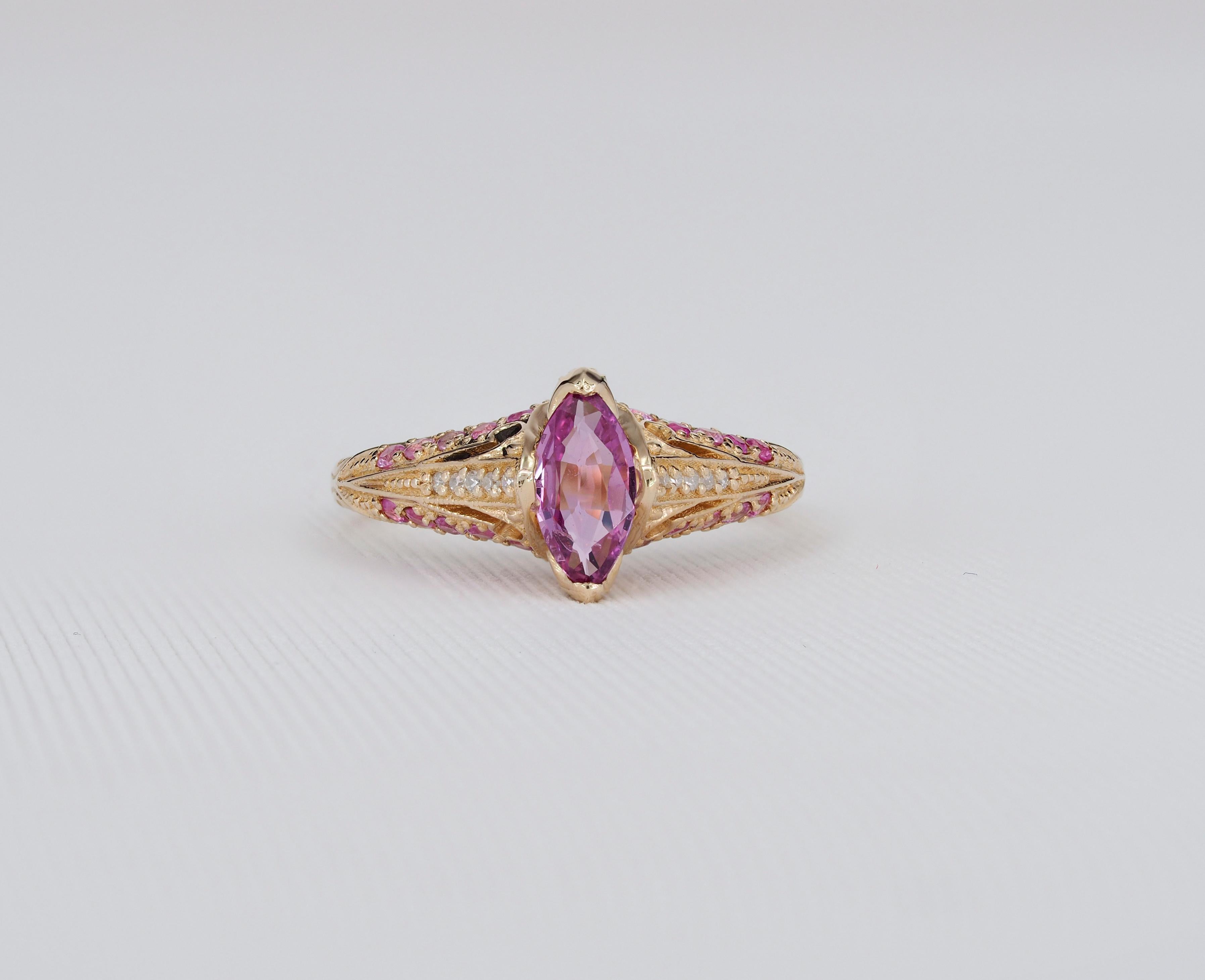 For Sale:  14k gold ring with pink sapphire. Marquise sapphire ring 3