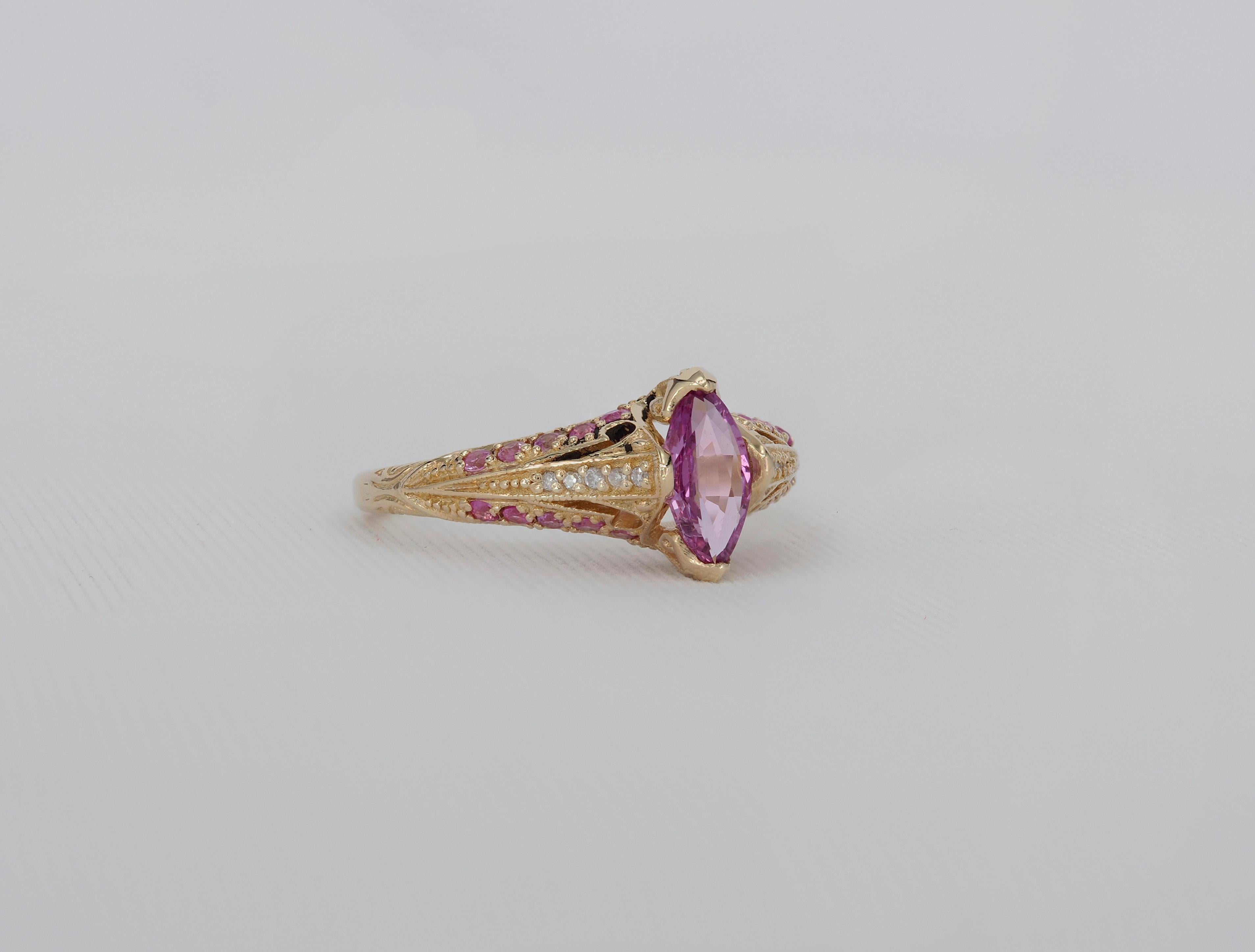 For Sale:  14k gold ring with pink sapphire. Marquise sapphire ring 4