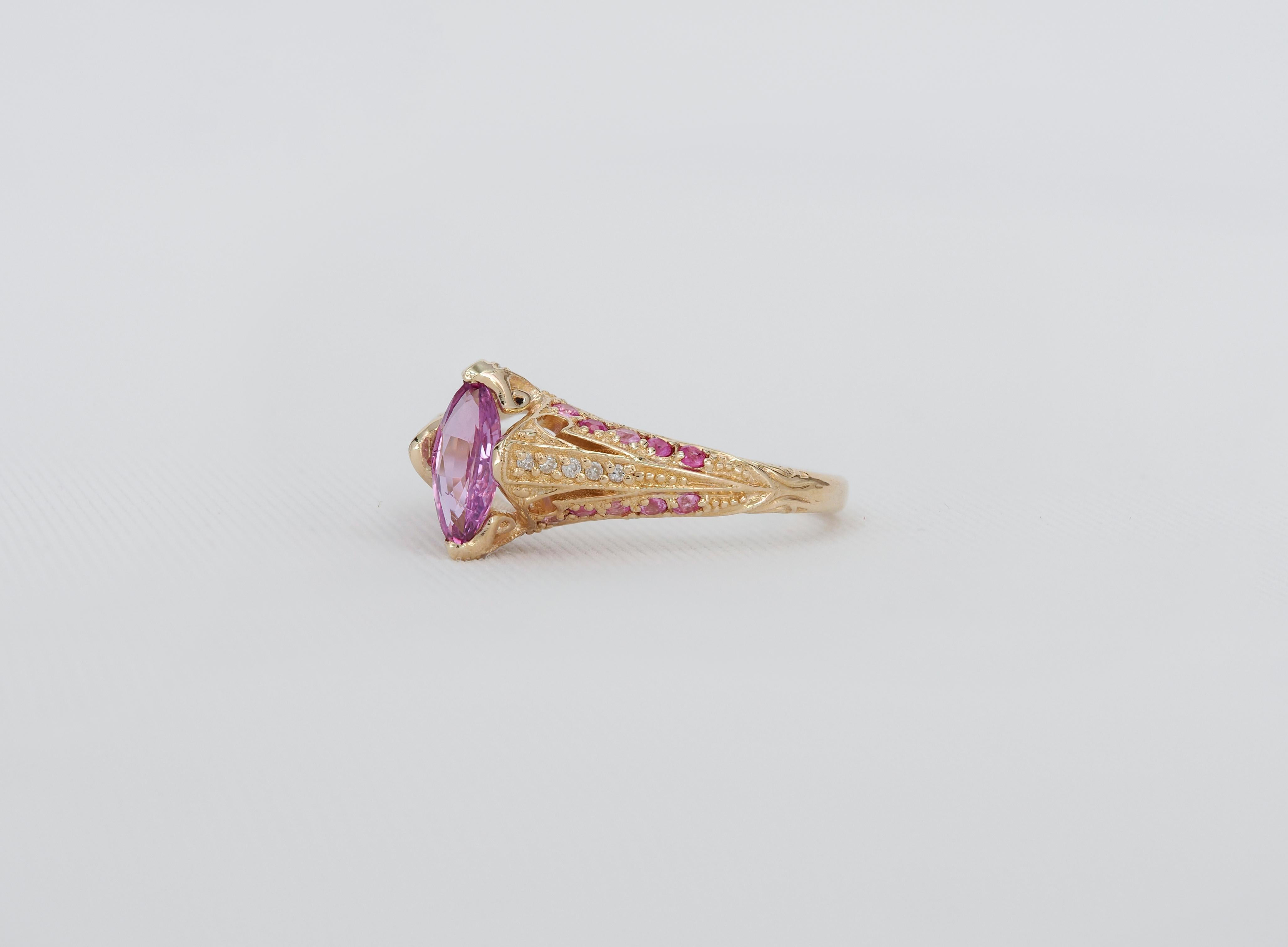 For Sale:  14k gold ring with pink sapphire. Marquise sapphire ring 6
