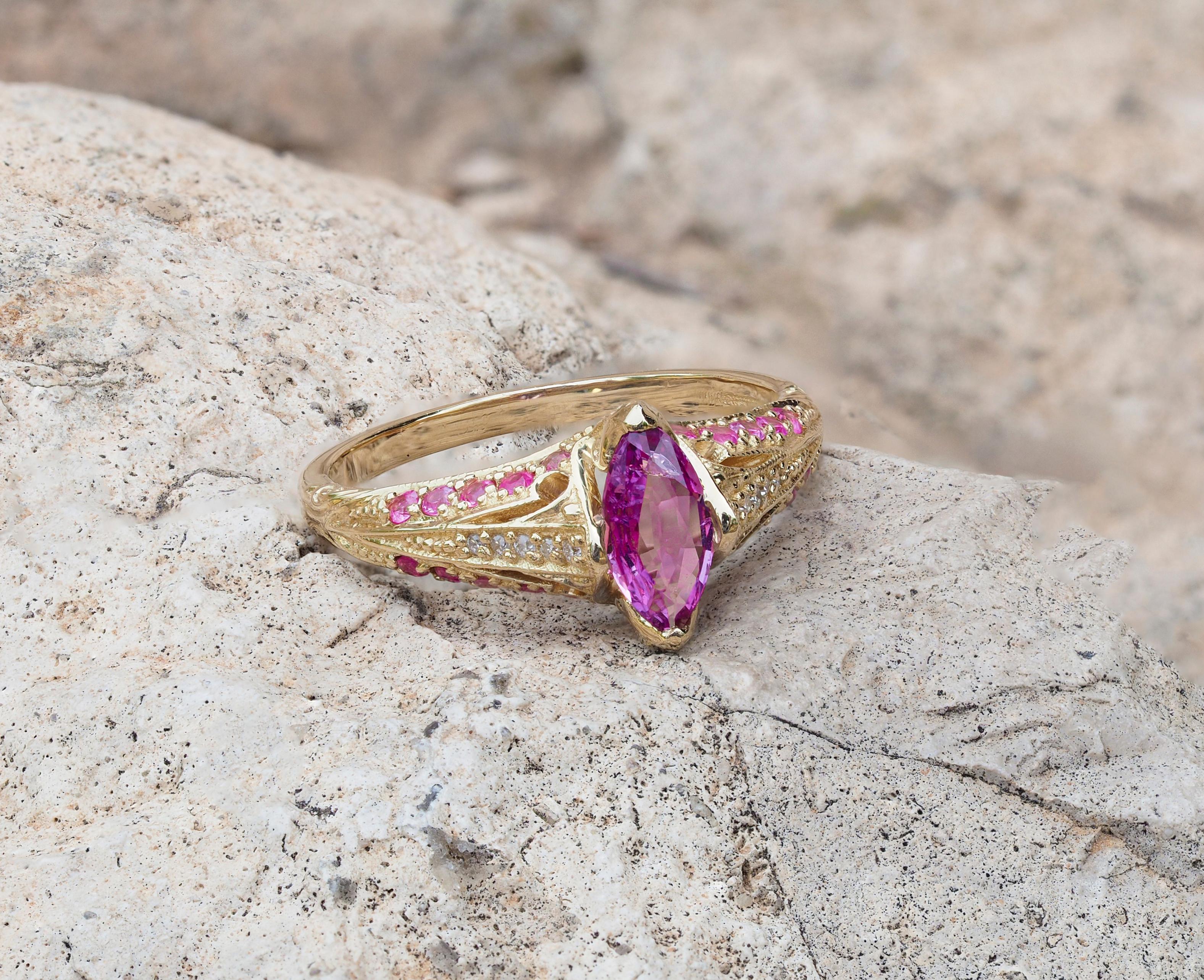 For Sale:  14k gold ring with pink sapphire. Marquise sapphire ring 7