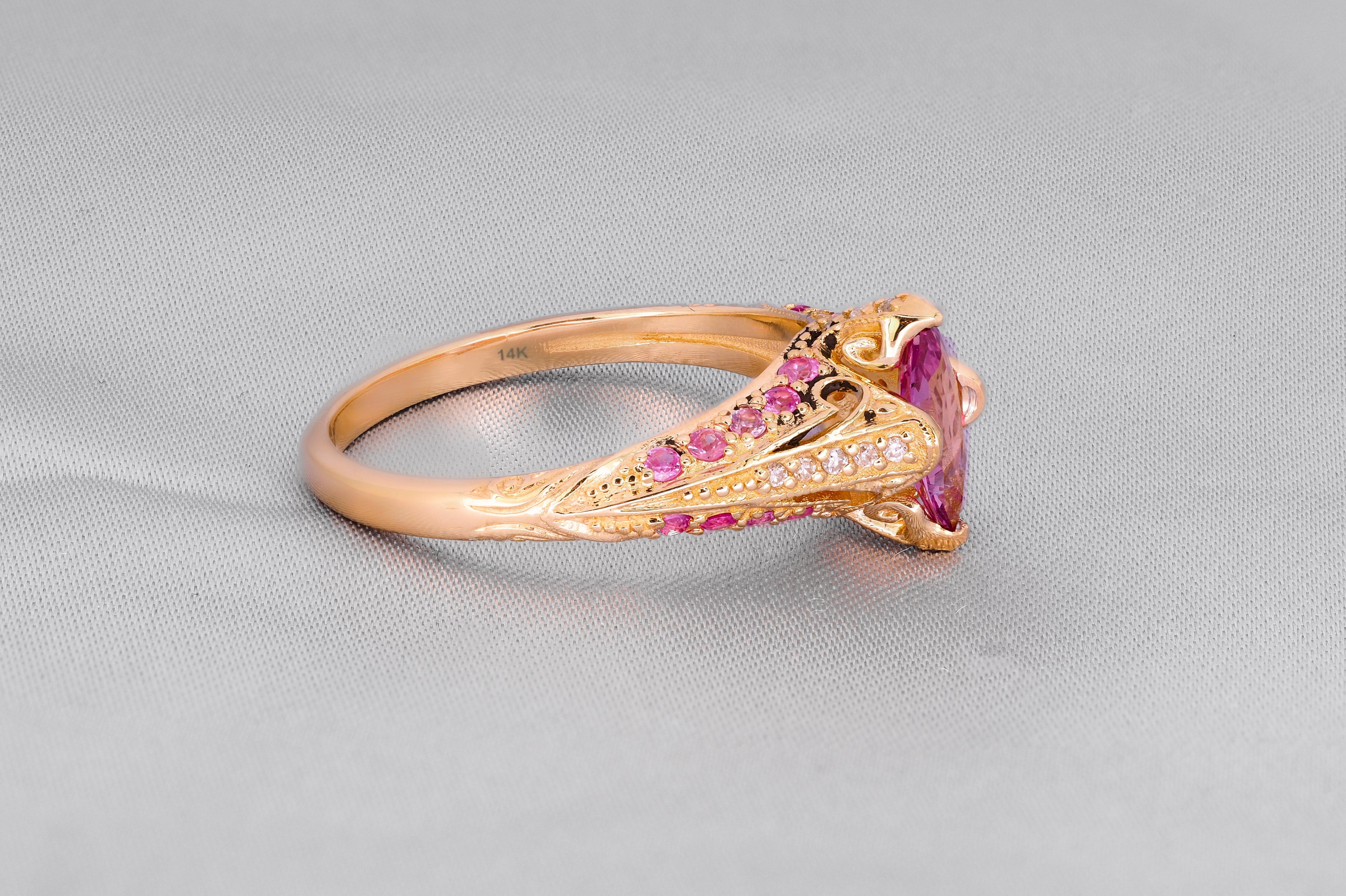 For Sale:  14k gold ring with pink sapphire. Marquise sapphire ring 8