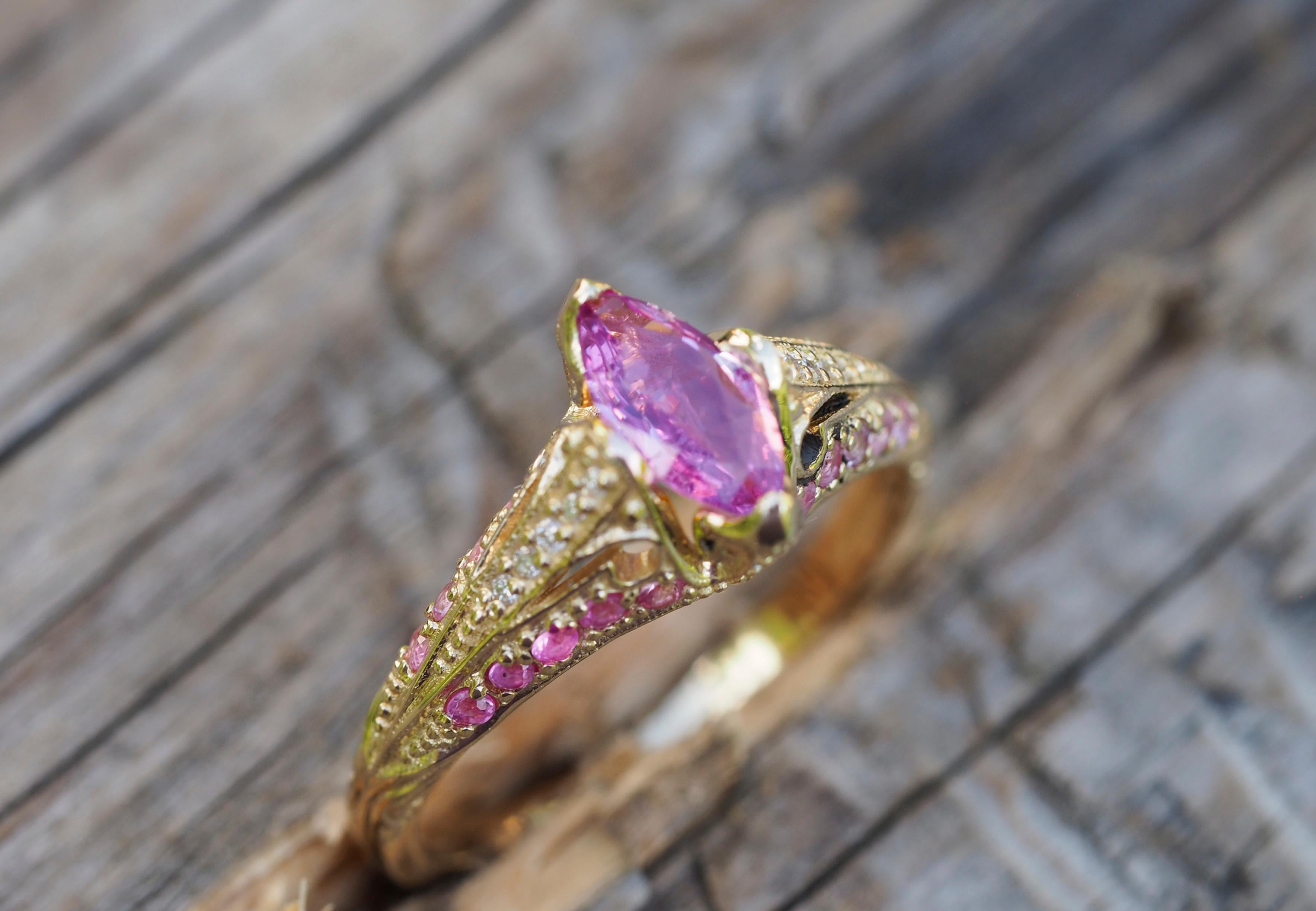 For Sale:  14k gold ring with pink sapphire. Marquise sapphire ring 9