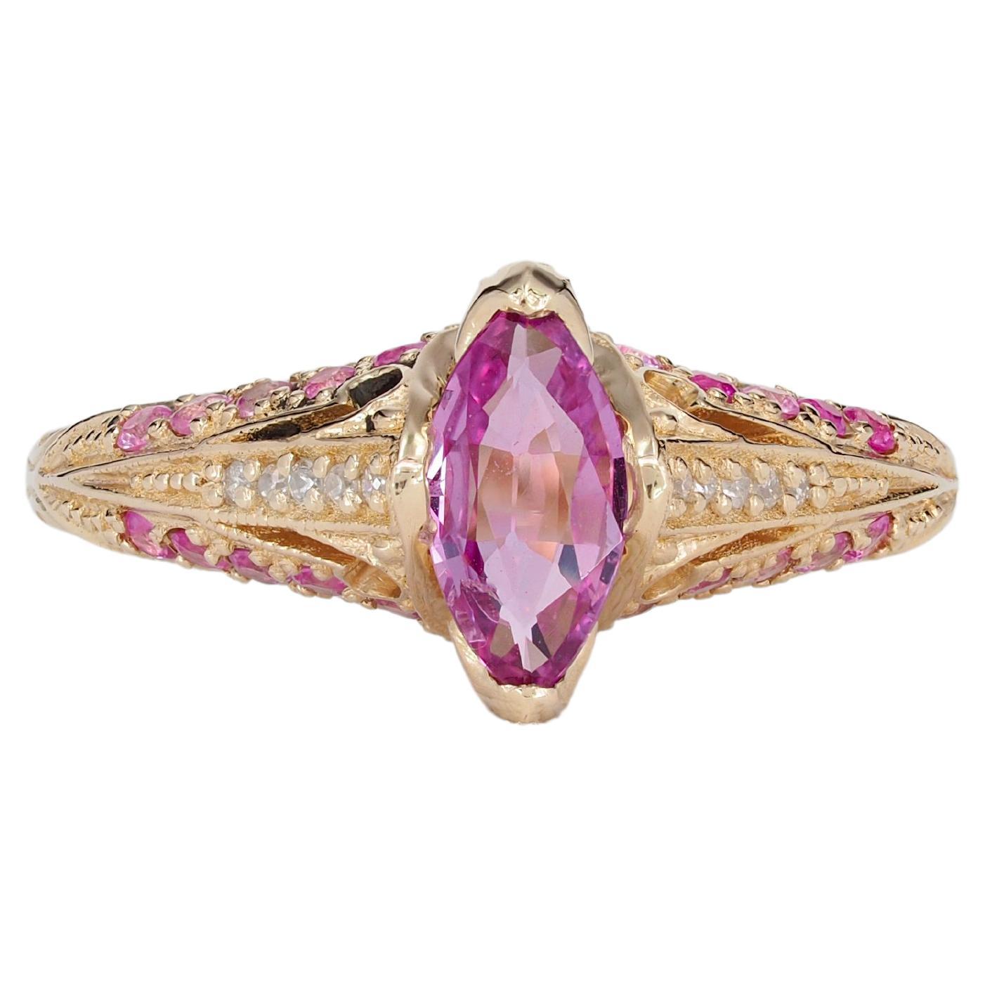 Ring aus 14 Karat Gold mit rosa Saphir. Marquise Saphir Ring
