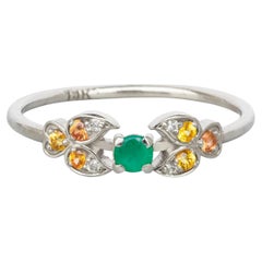 Emerald, Diamonds and Sapphires ring in 14k gold. Tiny ring