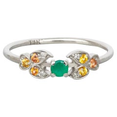 14k Gold Ring with Round Emerald, Diamonds and Sapphires