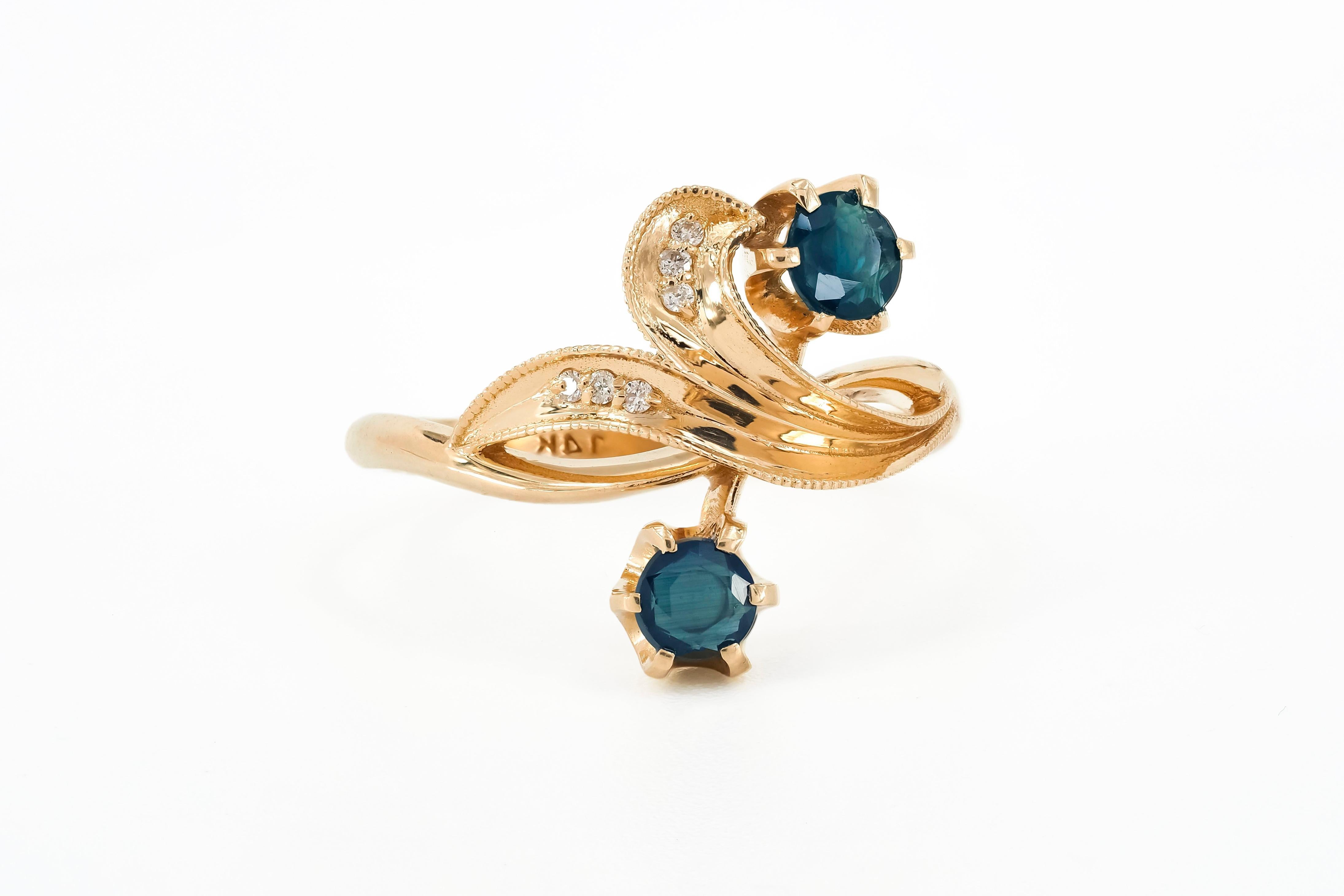 14k gold ring with Round Sapphires.  In New Condition For Sale In Istanbul, TR