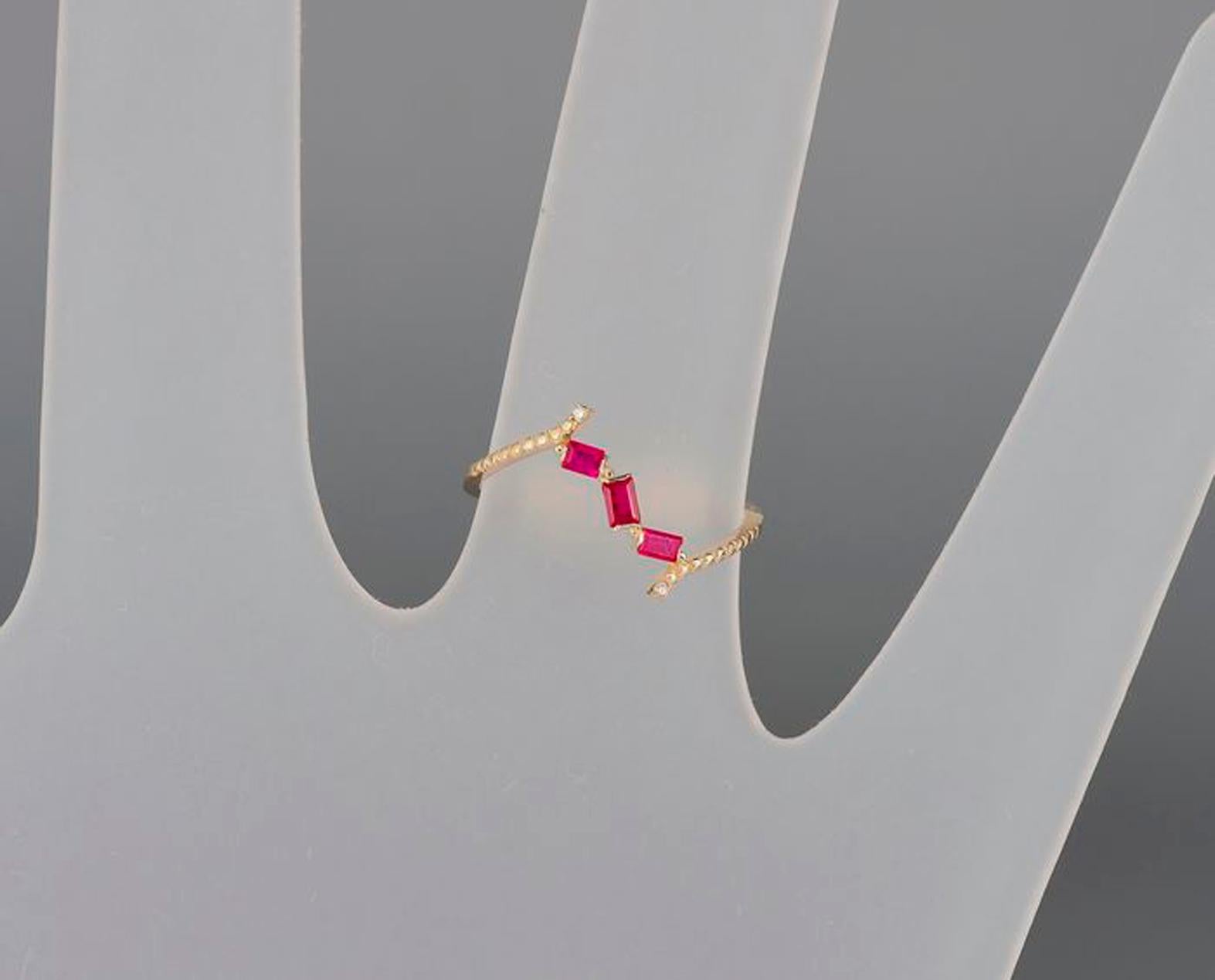 Modern 14k Gold Ring with Rubies and Diamonds, Baguette Ruby Ring