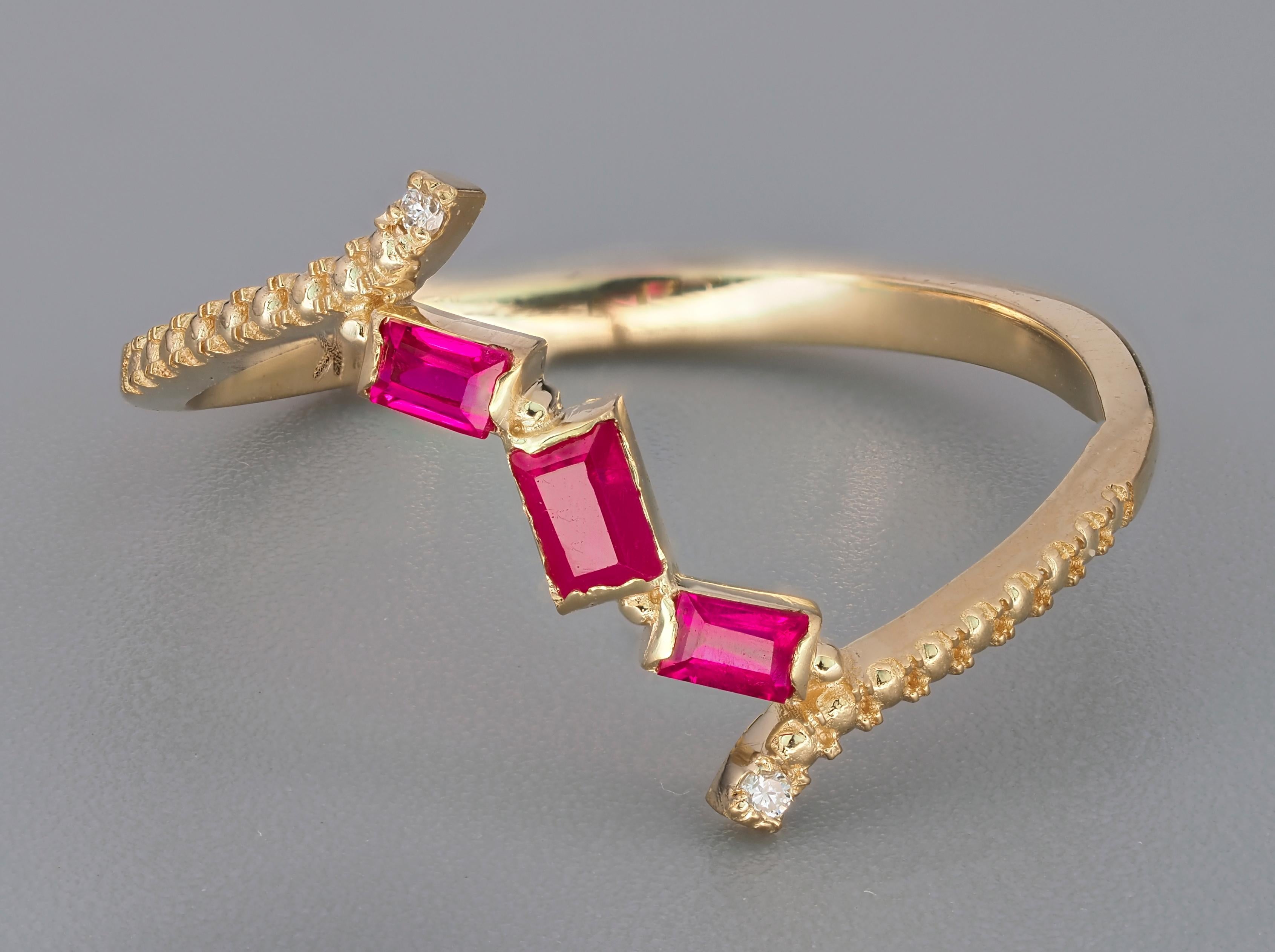 Baguette Cut 14k Gold Ring with Rubies and Diamonds, Baguette Ruby Ring
