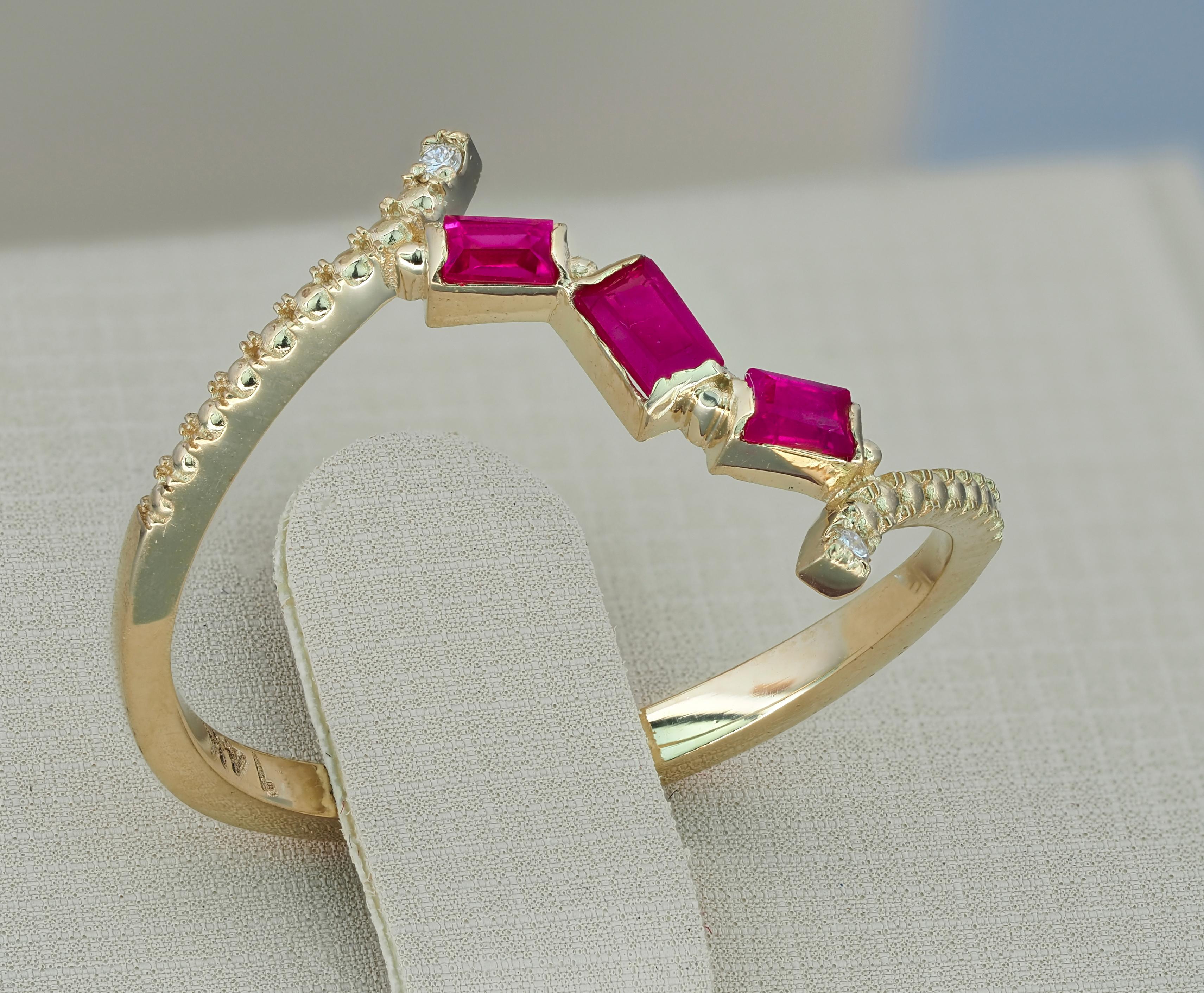 14k Gold Ring with Rubies and Diamonds, Baguette Ruby Ring In New Condition In Istanbul, TR