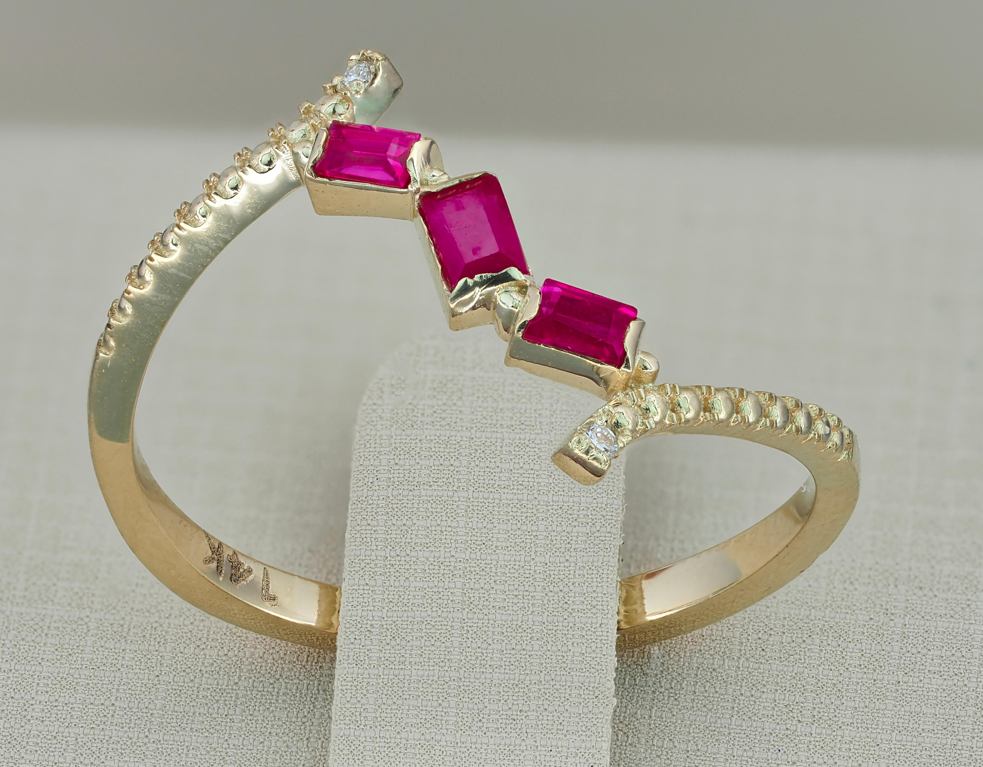 Women's 14k Gold Ring with Rubies and Diamonds, Baguette Ruby Ring