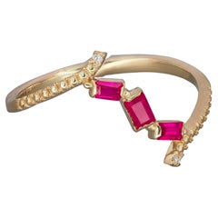14k Gold Ring with Rubies and Diamonds, Baguette Ruby Ring