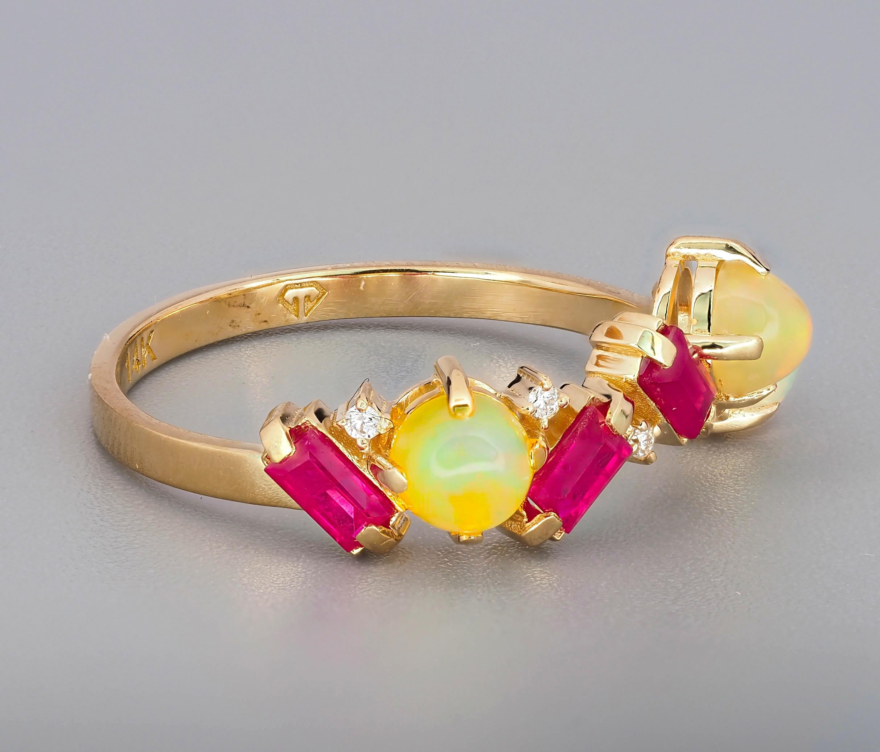 For Sale:  14k Gold Ring with Rubies, Diamonds and Opals 2