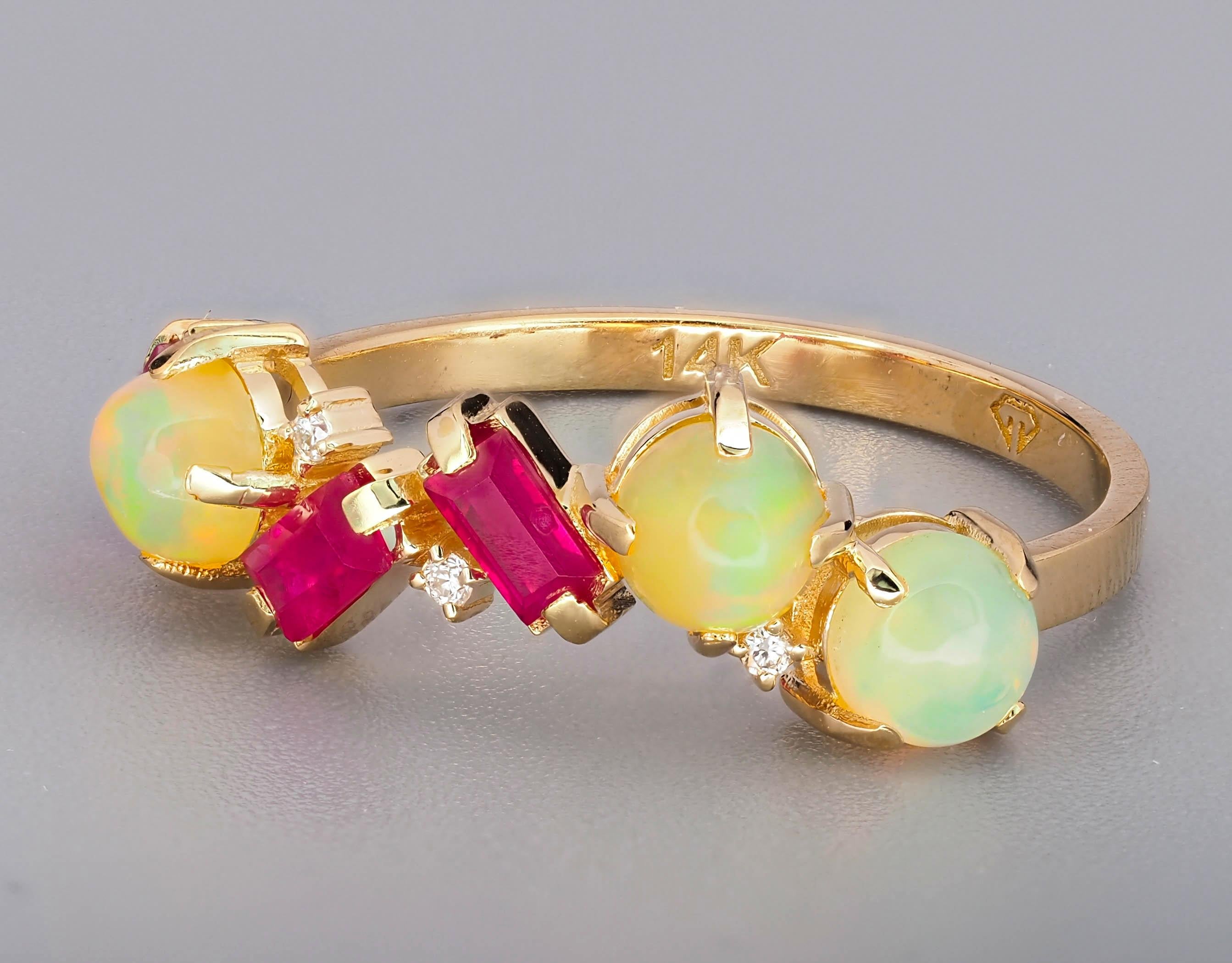 For Sale:  14k Gold Ring with Rubies, Diamonds and Opals 4