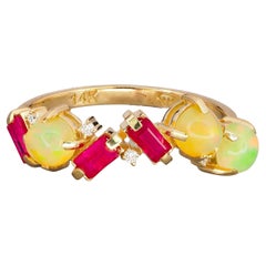 14k Gold Ring with Rubies, Diamonds and Opals