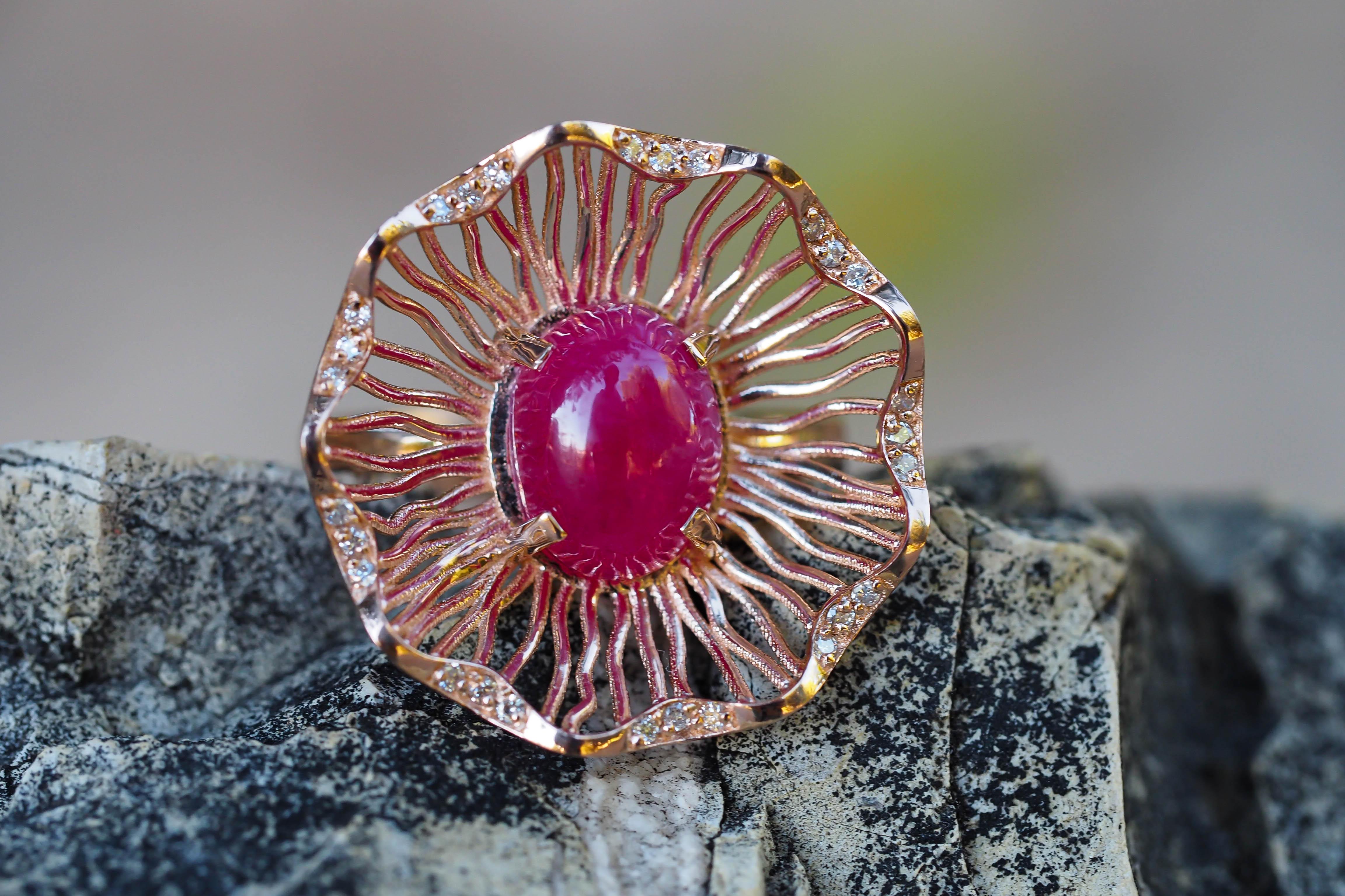 For Sale:  14 karat gold ring with genuine ruby and diamonds. July birthstone ruby ring 12