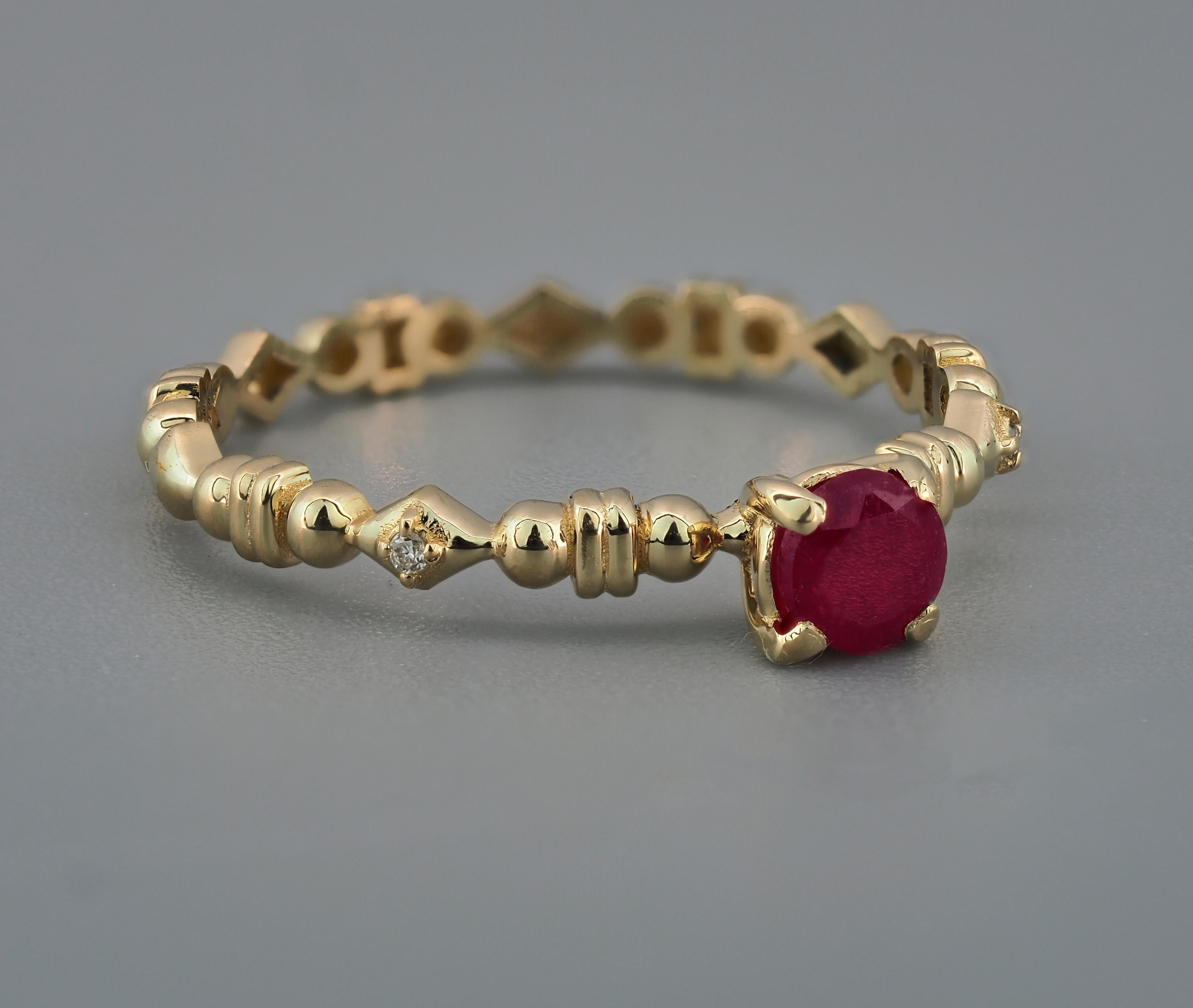 For Sale:  14 karat Gold Ring with Ruby and Diamonds. Round ruby ring. Minimalist ruby ring 2
