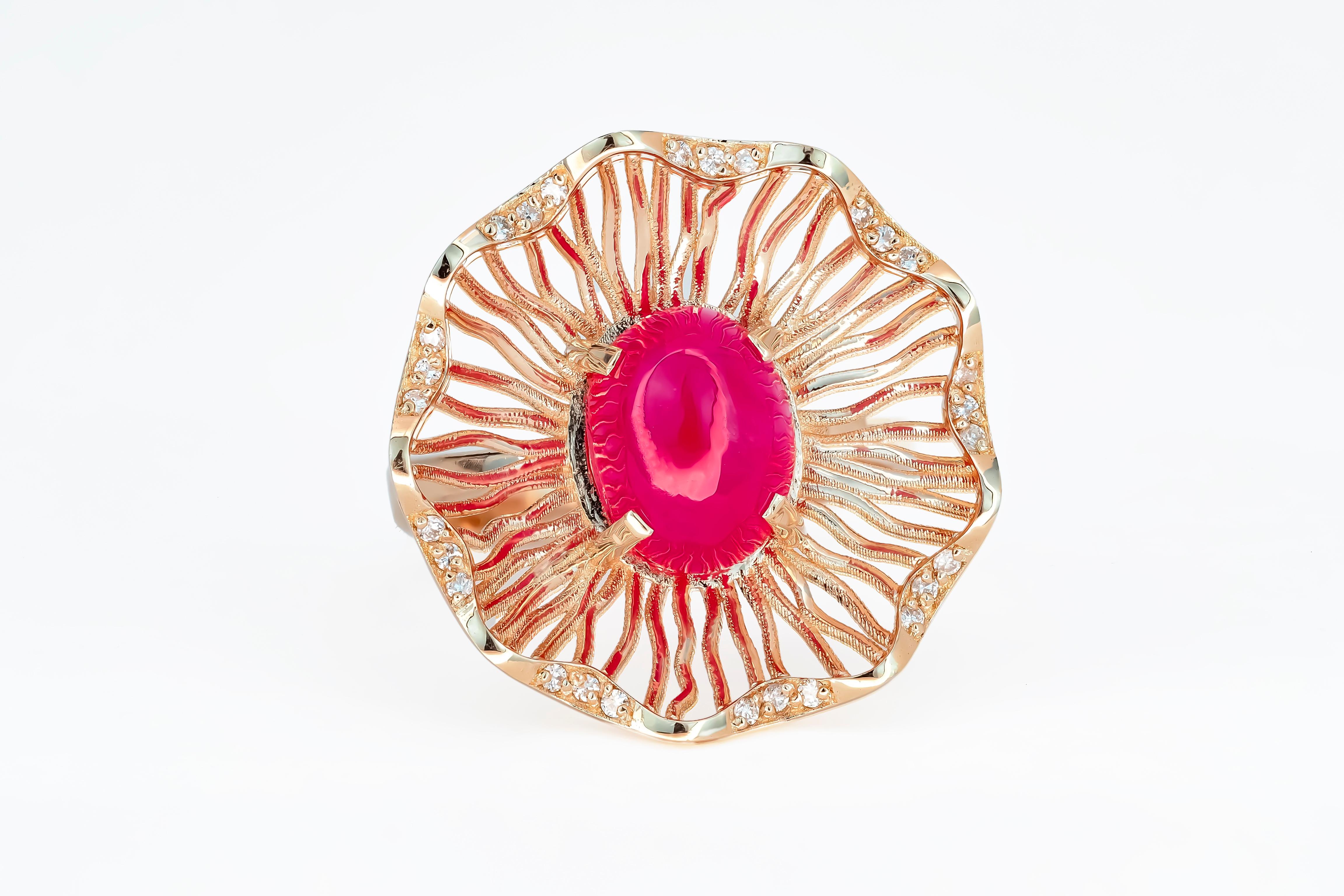 Im Angebot: Ring aus 14 Karat Gold mit Rubin und Diamanten () 3