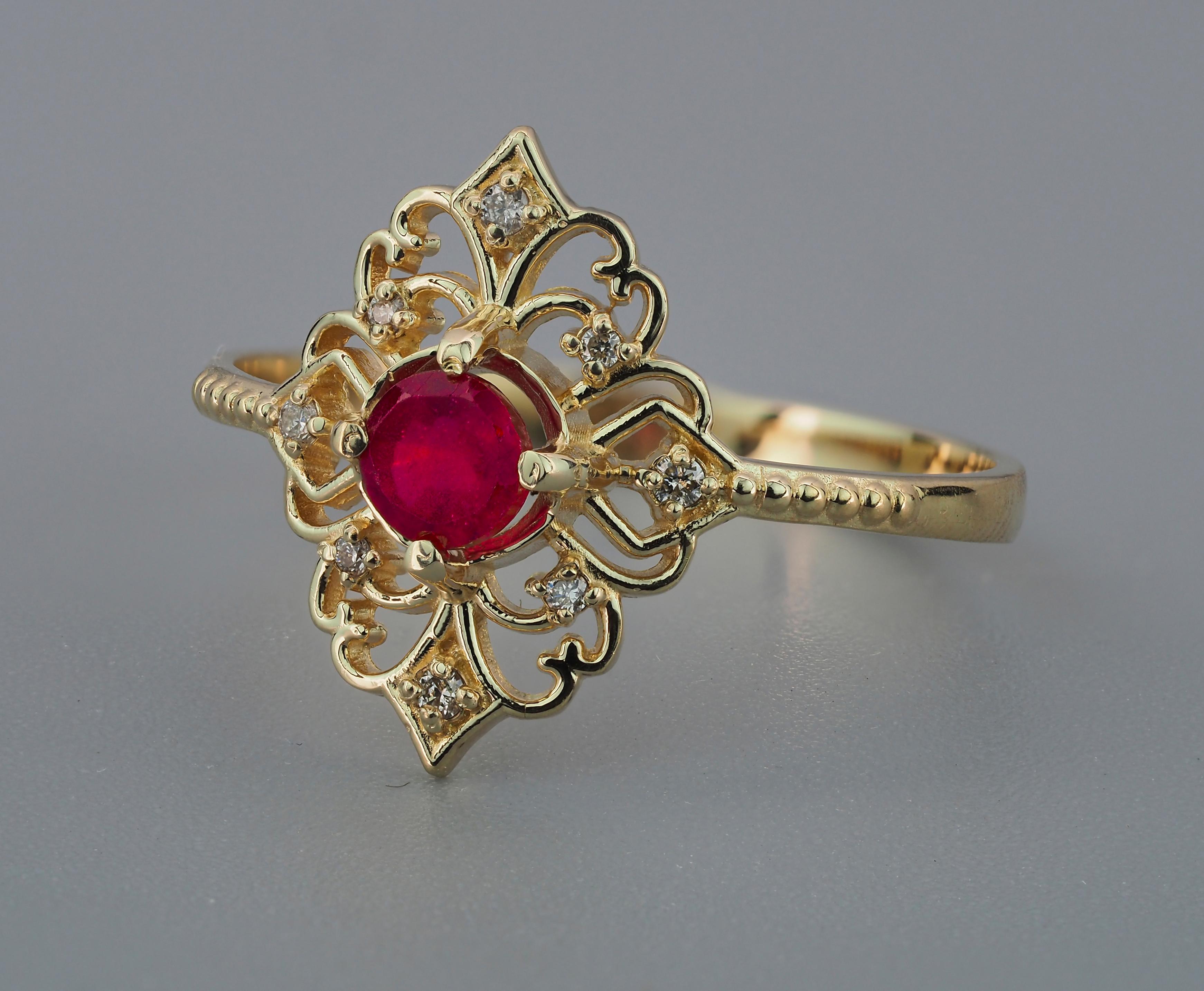 For Sale:  14 karat Gold Ring with Ruby and Diamonds. Vintage style ruby ring 4