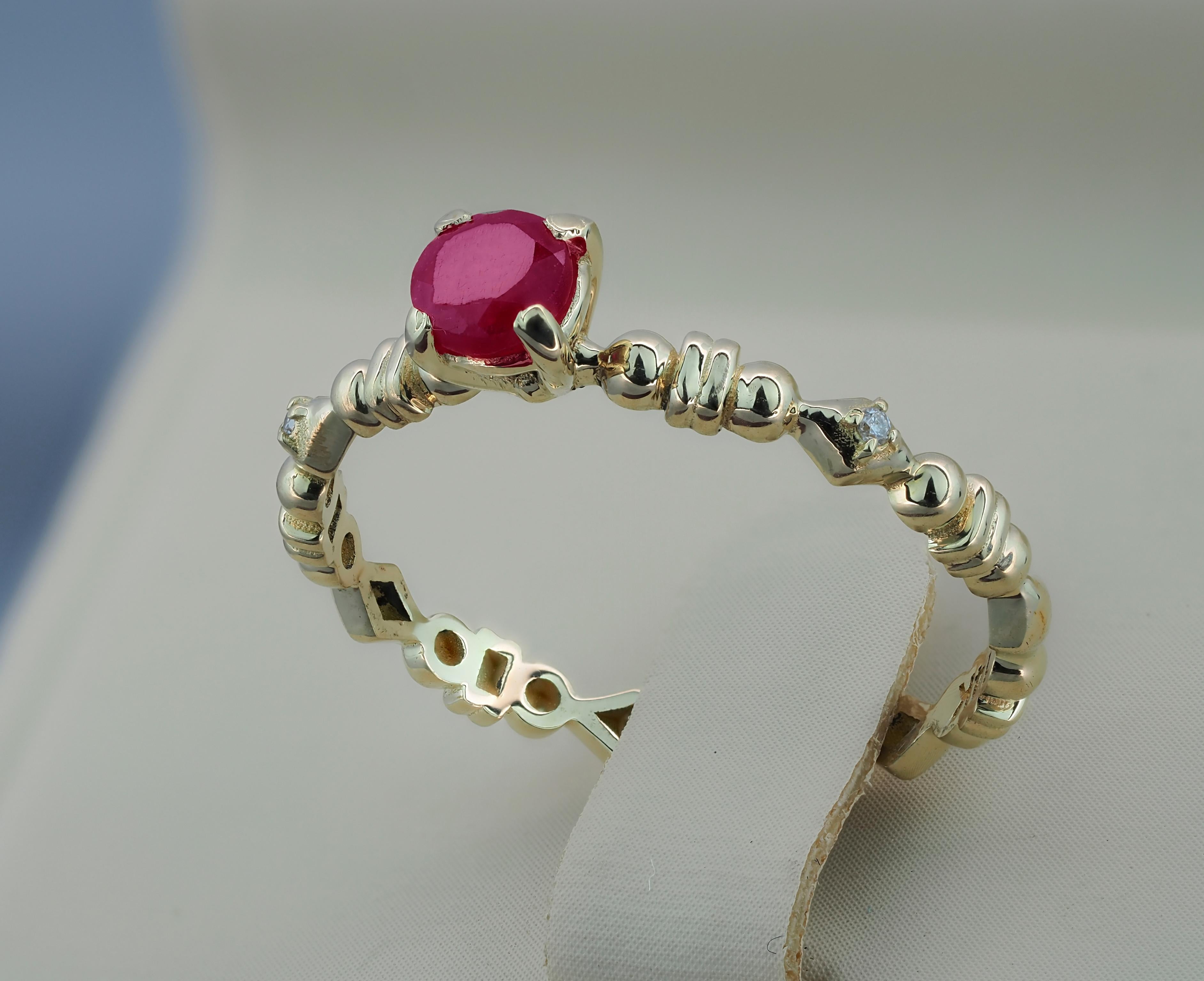 For Sale:  14 karat Gold Ring with Ruby and Diamonds. Round ruby ring. Minimalist ruby ring 6