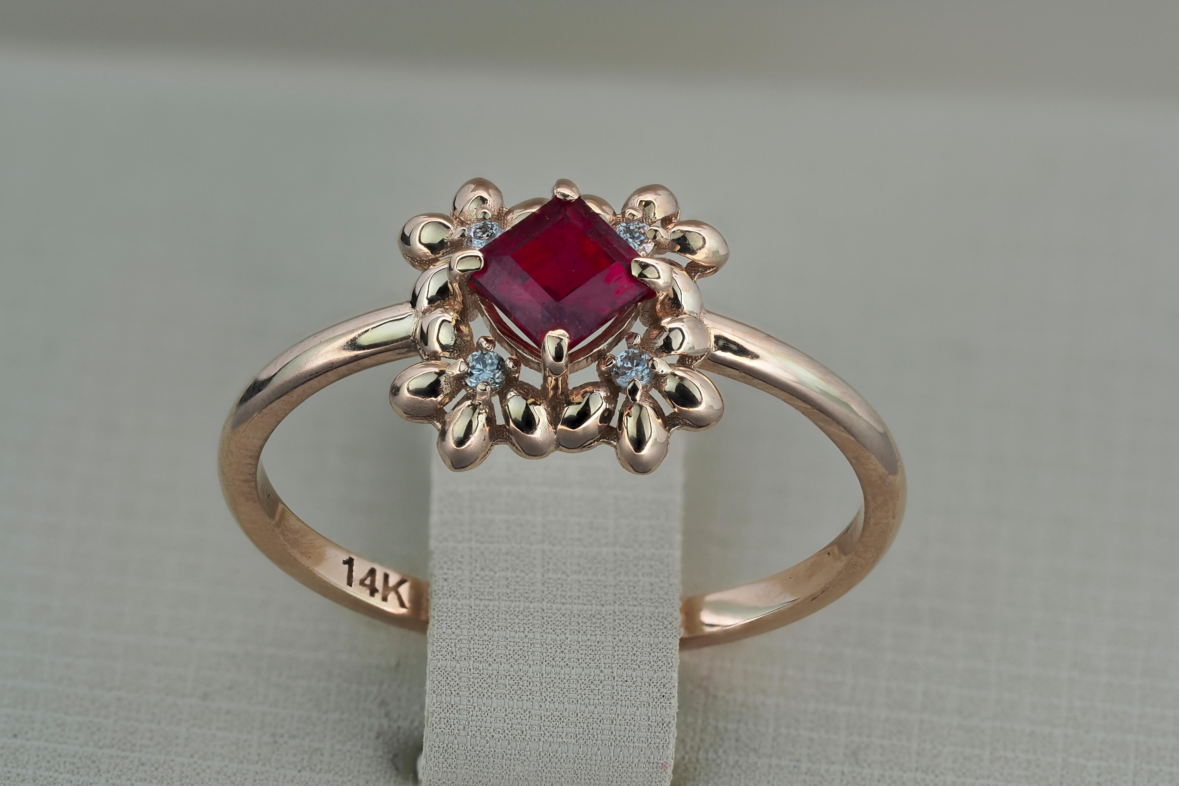 For Sale:  14 karat Gold Ring with Ruby and Diamonds 6